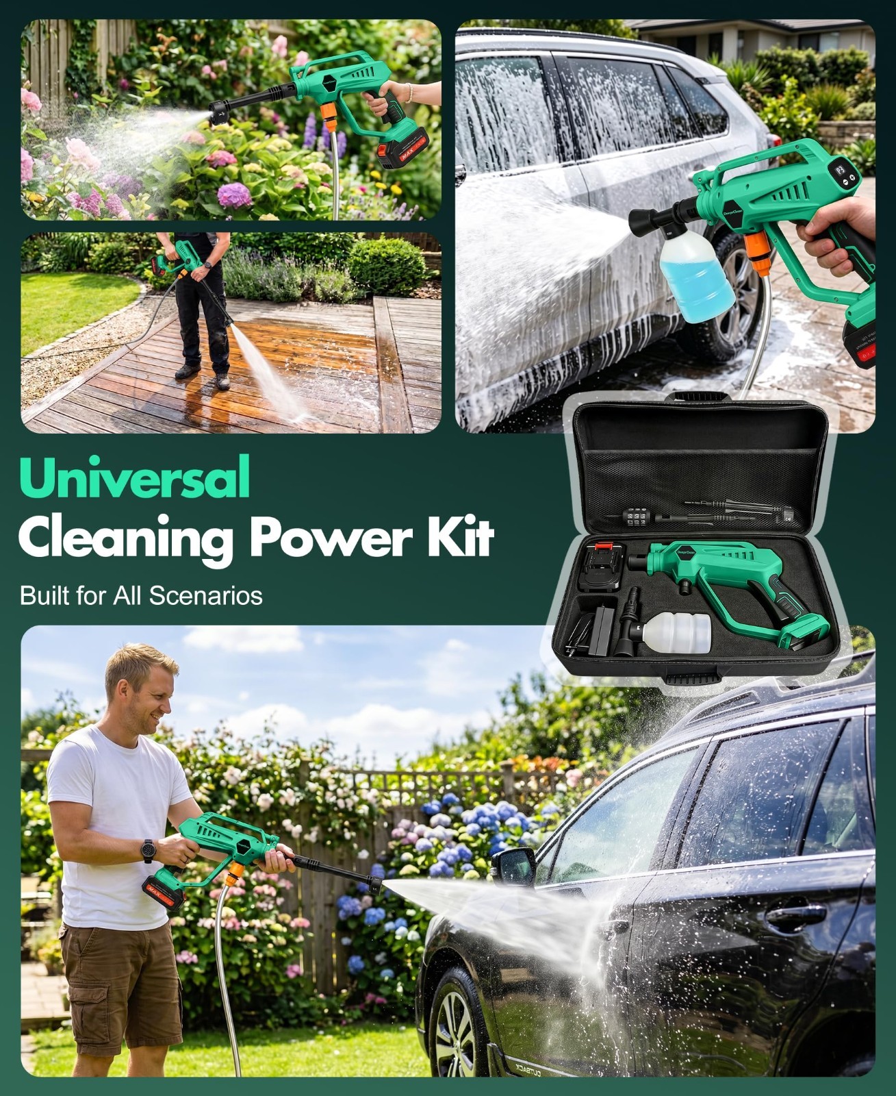 Portable Cordless Car Washer – 6-in-1 Nozzle, Brushless Motor, 3 Levels, Battery