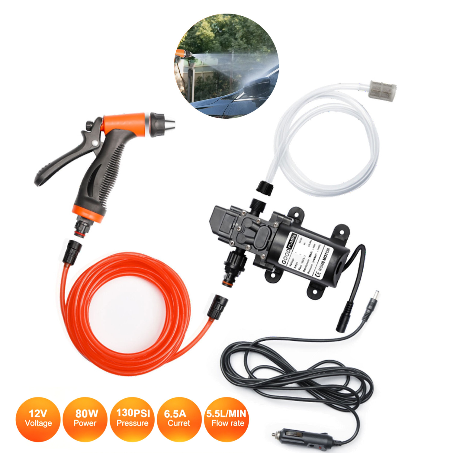 12V 80W Spray Gun 130PSI High Pressure Electric Car Washer Hose Water Pump Kit
