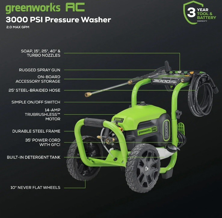 Greenworks Pro 3000 PSI Corded Electric Pressure Washer, Detergent Tank
