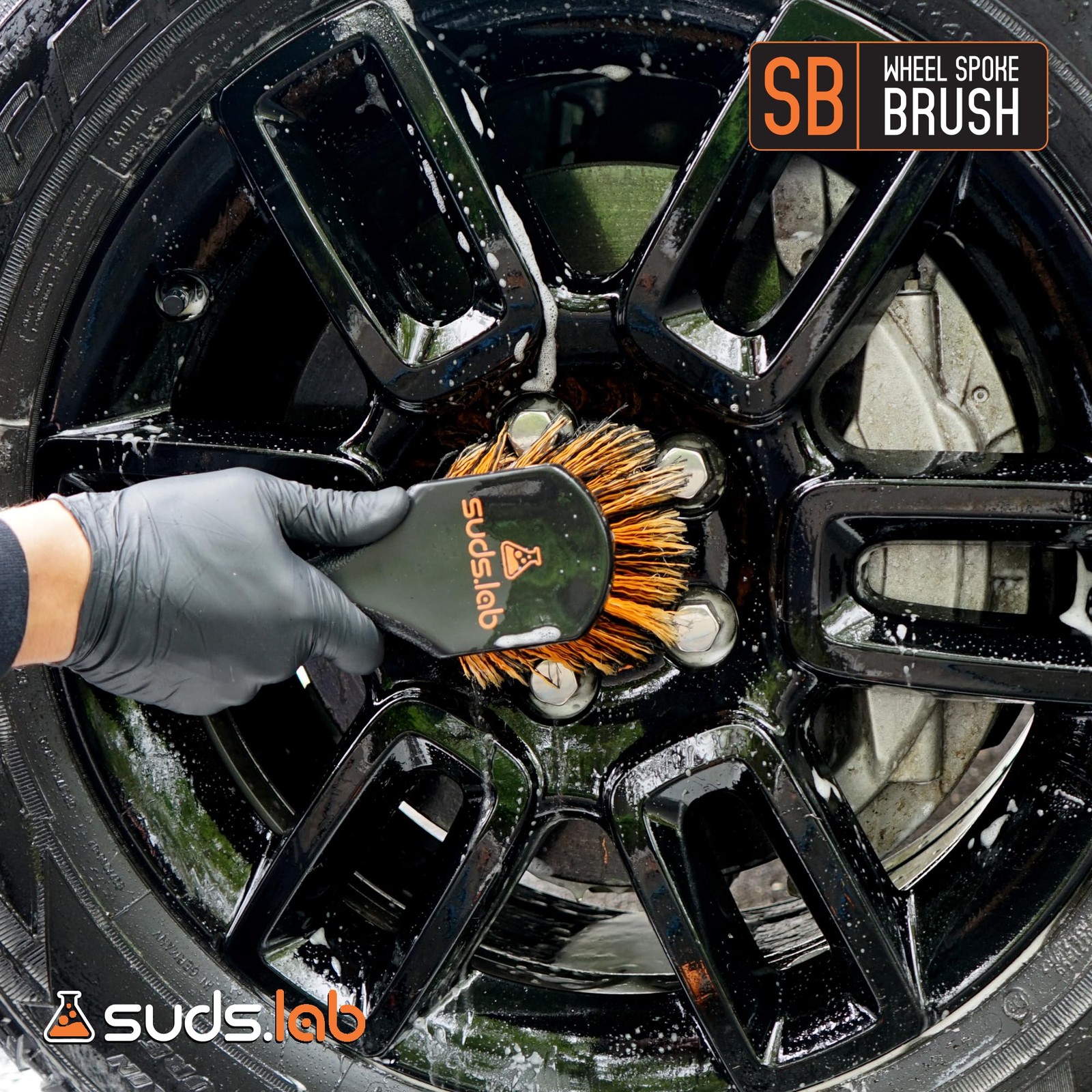Suds Lab SB Wheel Spoke Tire Brush, Soft Bristle Black and Brown