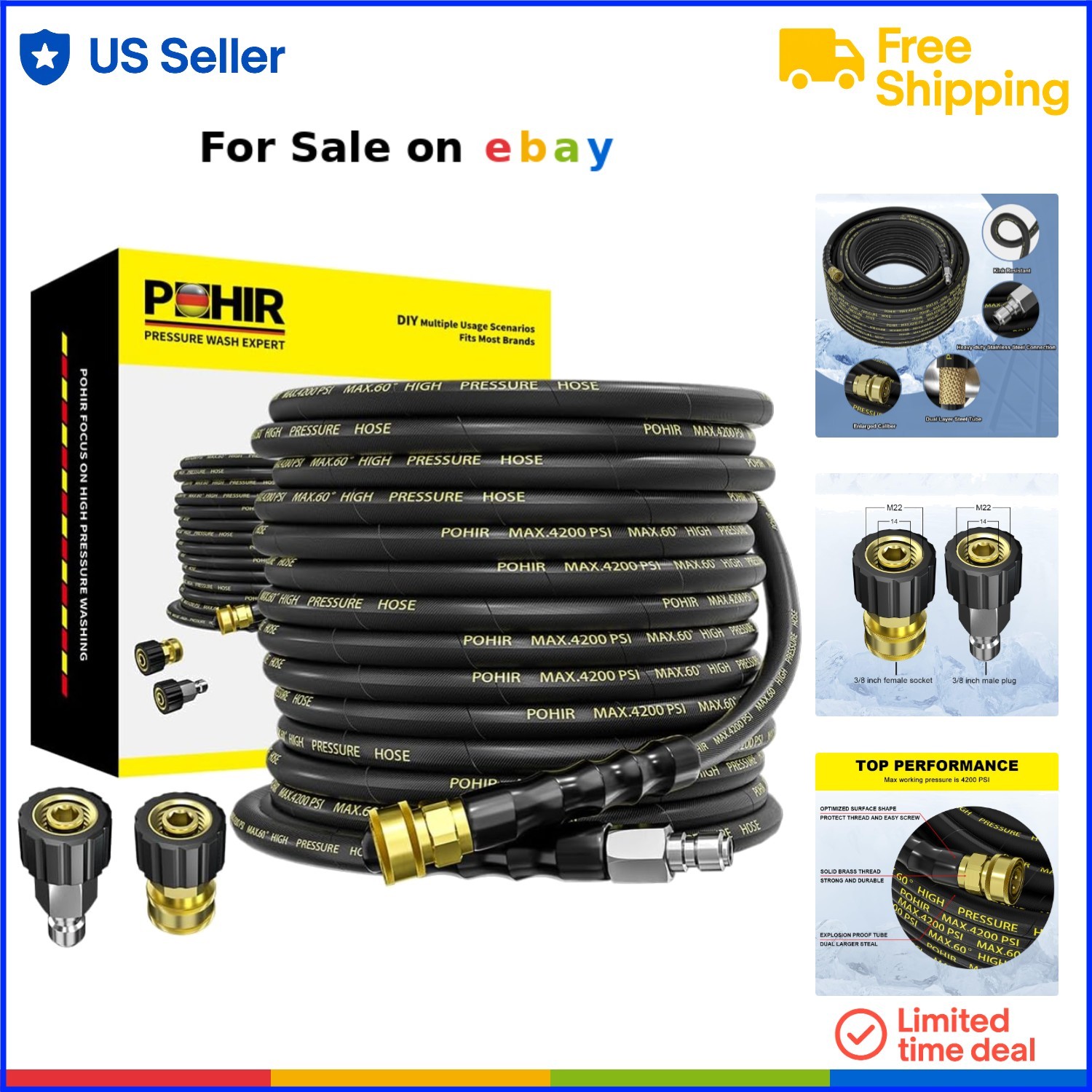 Pressure Washer Hose 50 ft Steel Wire Braided Kink Resistant 4200 PSI