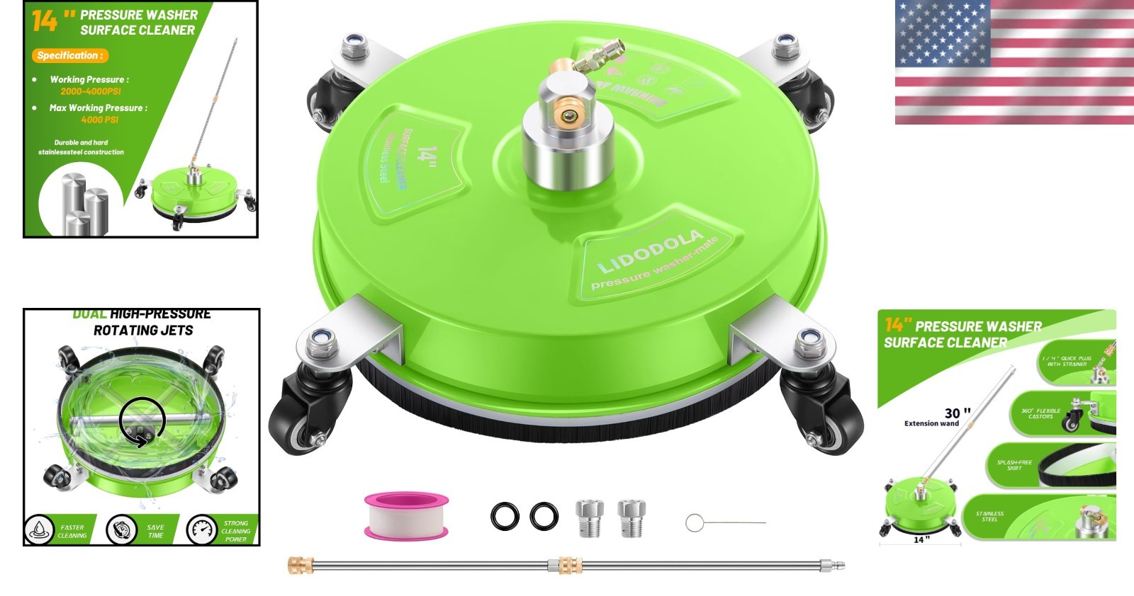 14″ Pressure Washer Surface Cleaner with Wheels – Green Stainless Steel Power