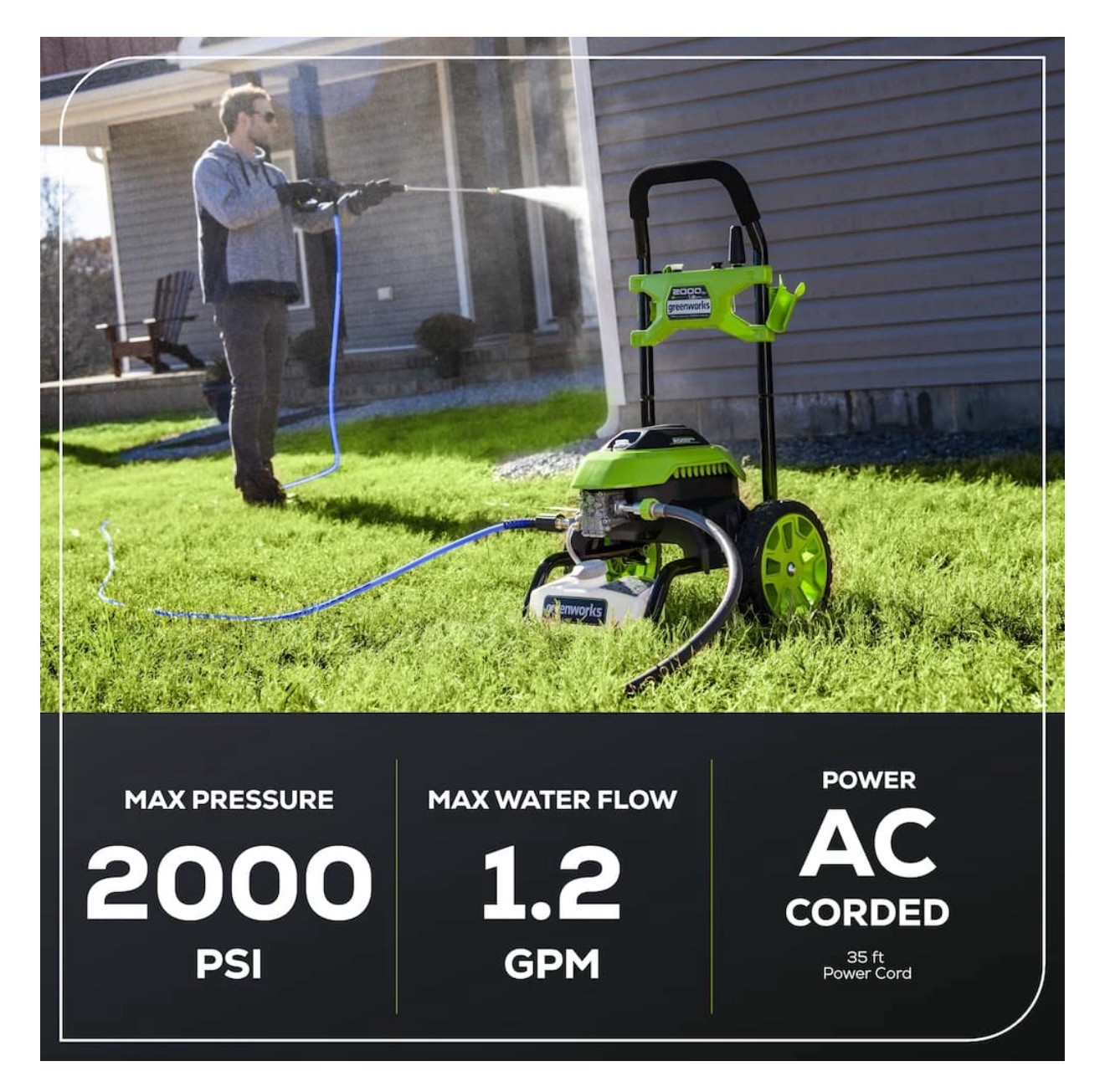 Greenworks – 2000PSI Power Washer with Foam Gun and 12″ Surface Cleaner Green