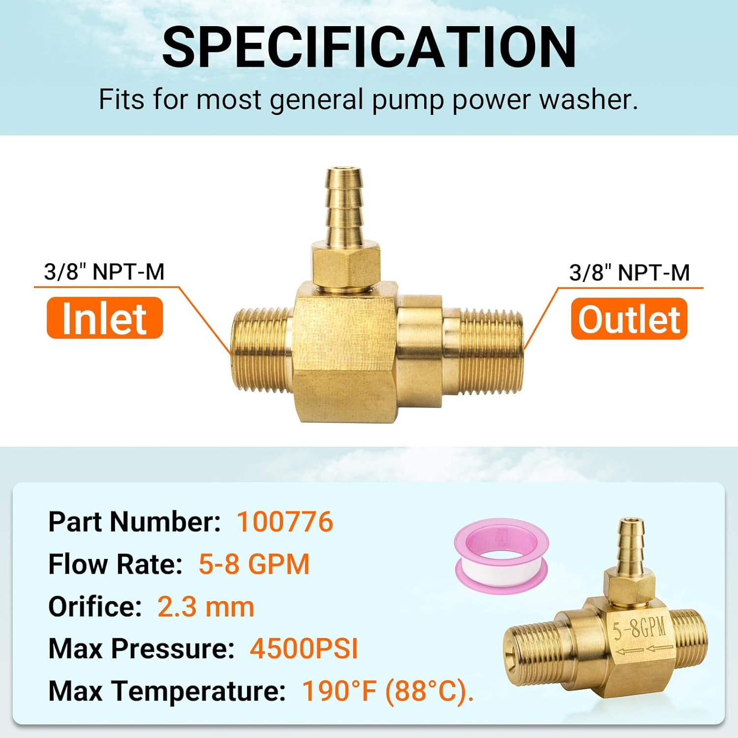 5-8 GPM Pressure Washer Chemical Injector 100776 for General Pump, Power Washer