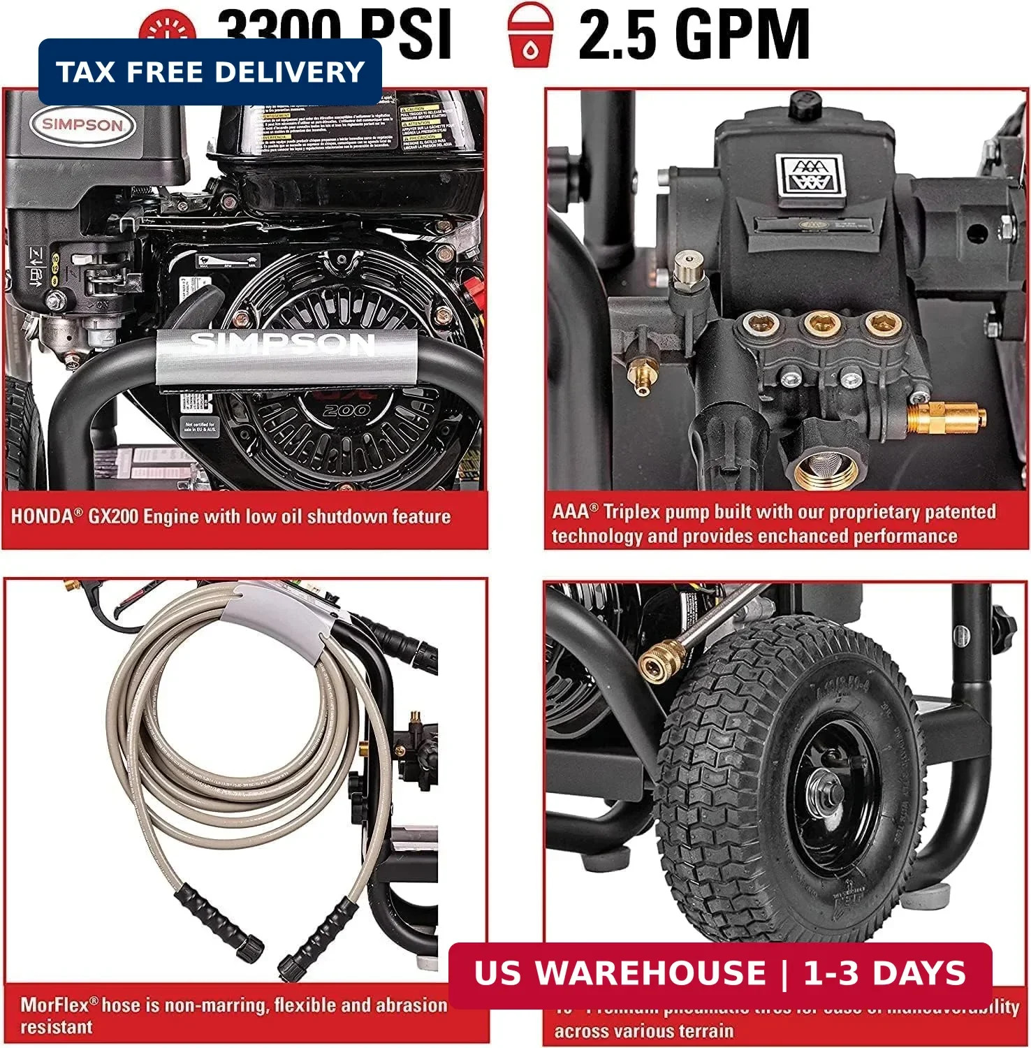 SIMPSON Cleaning PS3228 PowerShot 3300 PSI Gas Pressure Washer, 2.5 GPM, Honda G