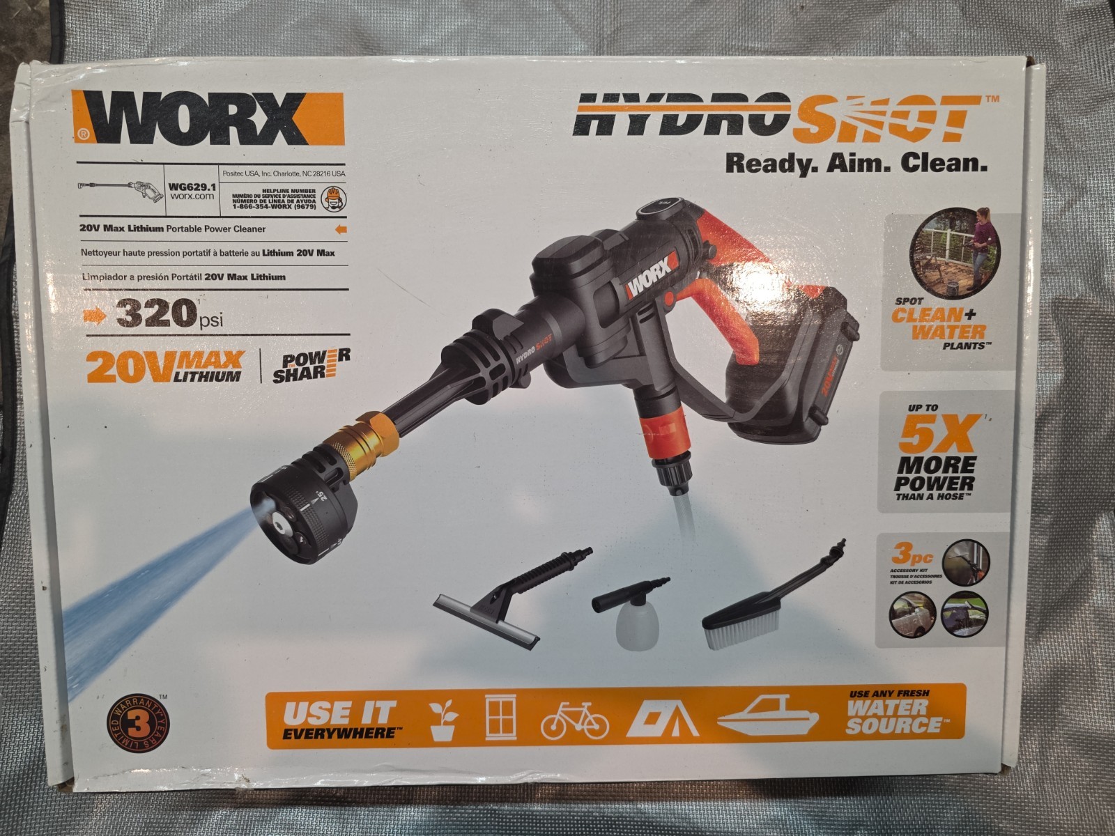 WORX WG629.1 HydroShot Portable Power Cleaner 20V Battery Inc.320PSI Missing Arm