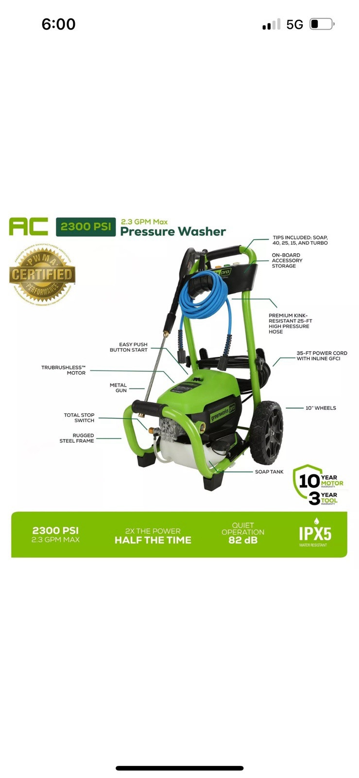Greenworks Pro 2300 PSI Electric Pressure Washer 25Ft Hose 35Ft Cord 5 Nozzles
