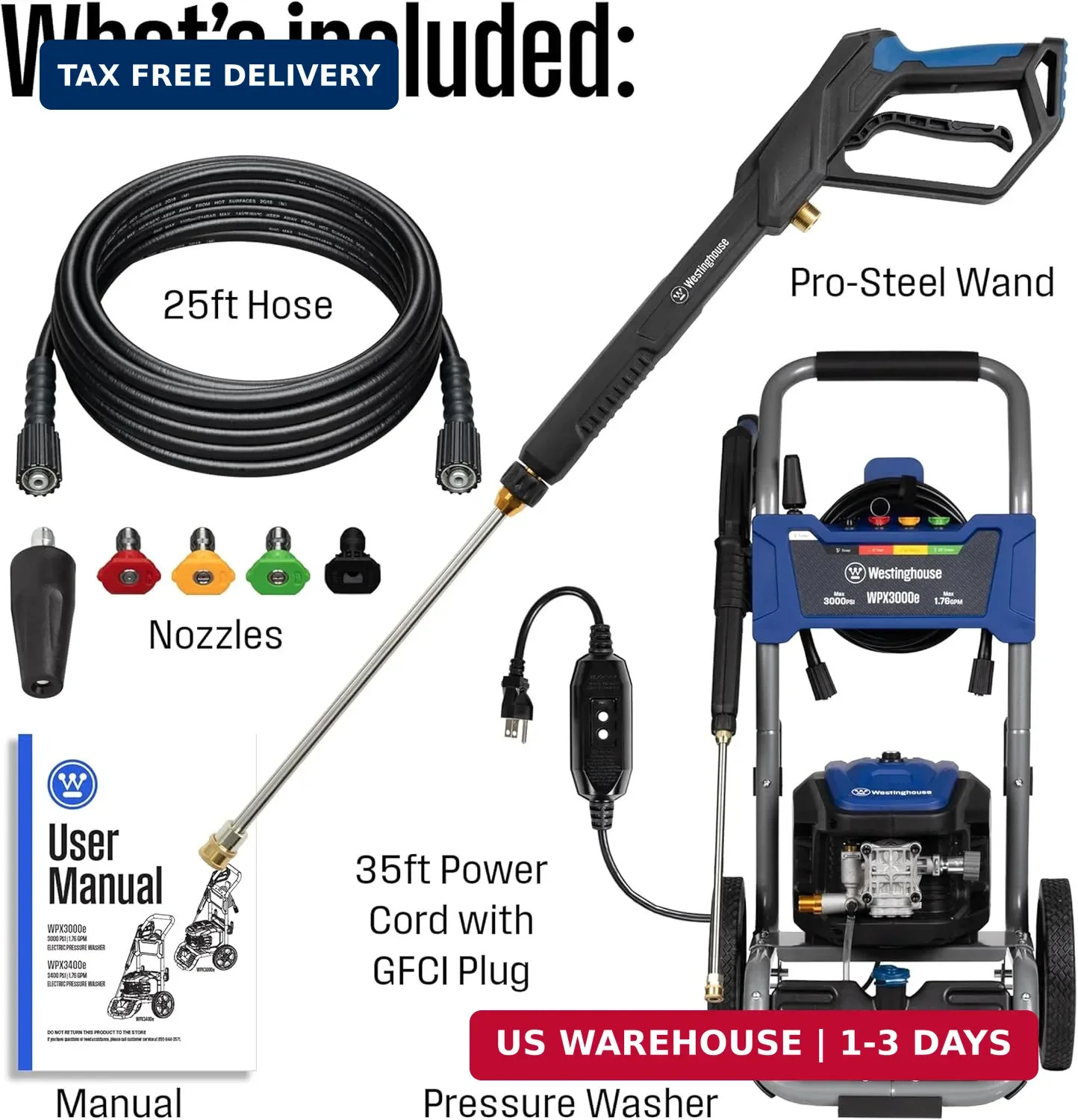 Westinghouse WPX3000e Electric Pressure Washer, 3000 Max PSI and 1.76 Max GPM, I