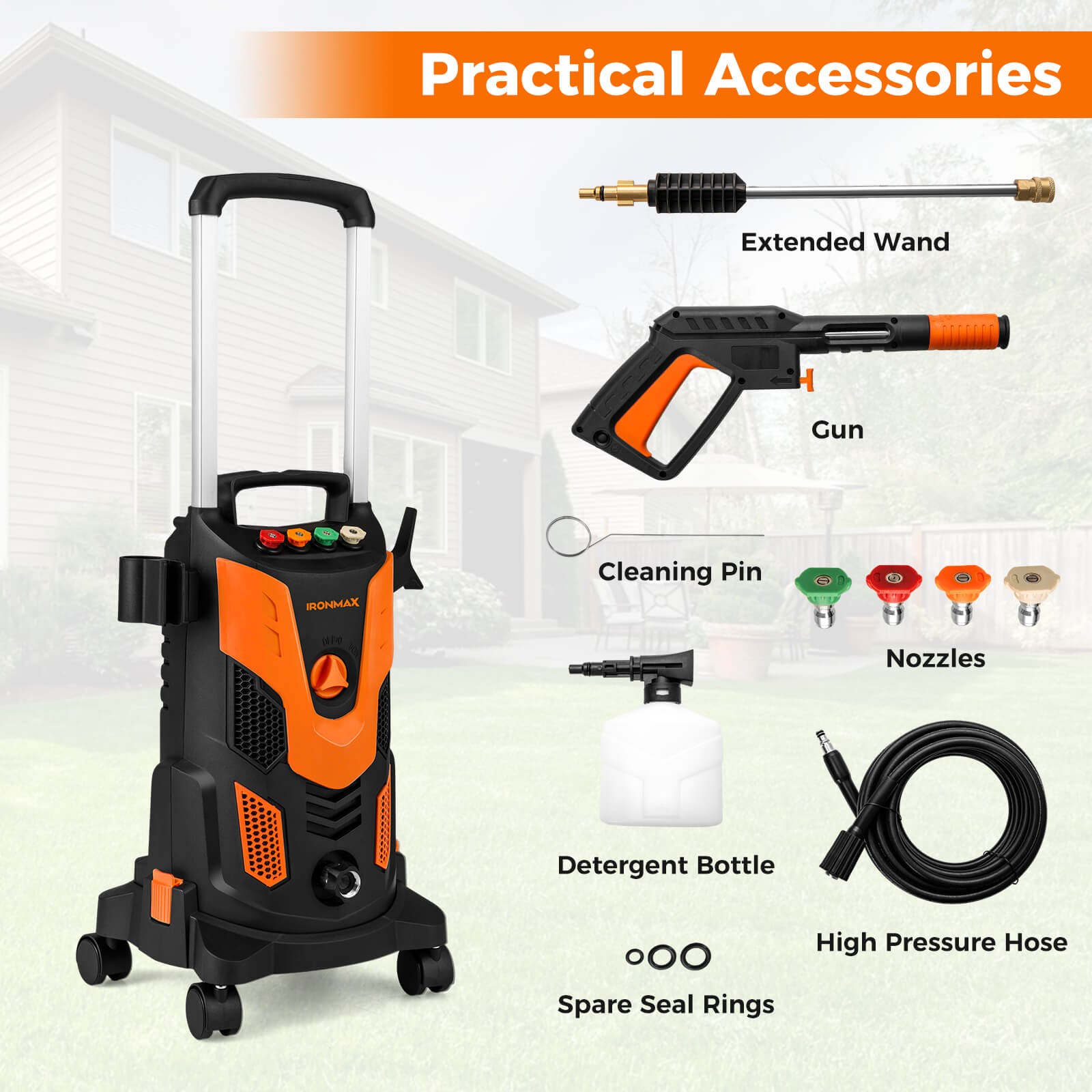 Electric Pressure Washer w/ 4 Nozzles & Soap Bottle Lockable Wheels for Cleaning