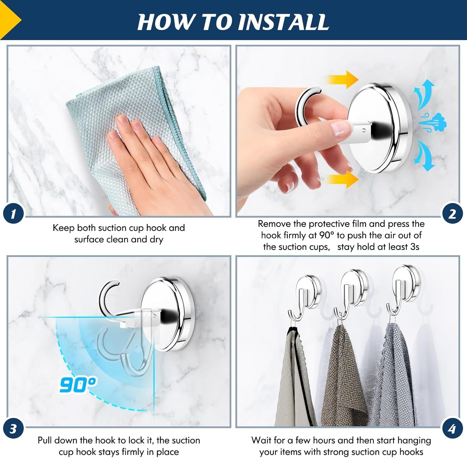 Chrome Suction Cup Shower Hooks for Glass, Tile, and Metal (4 Pack)