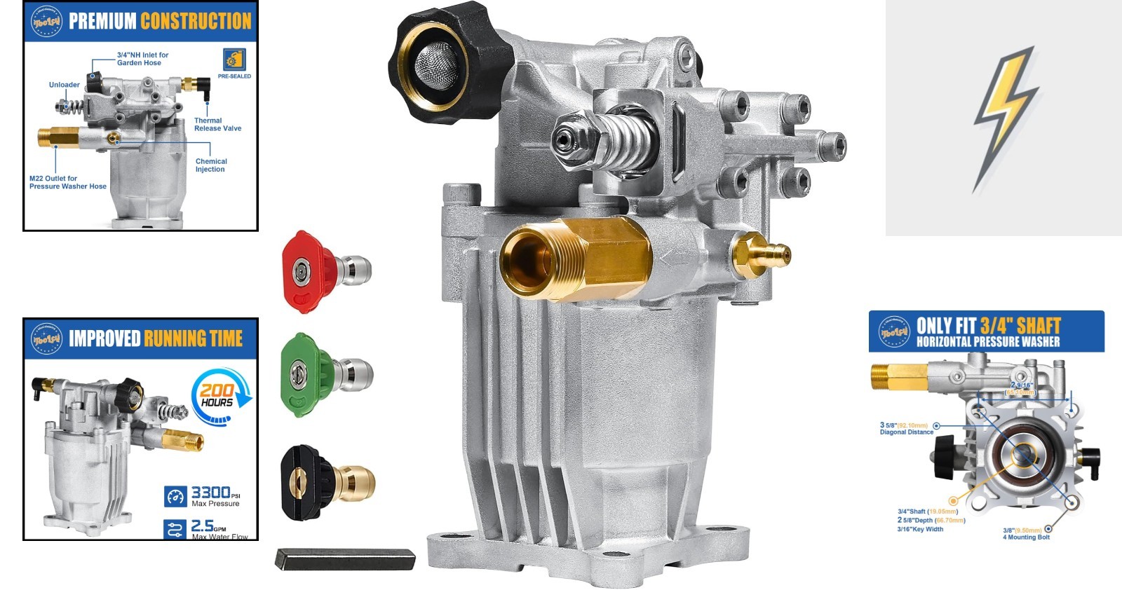 Pressure Washer Pump 3/4 Inch Shaft 3300 PSI 2.5 GPM Aluminum Brass Gray