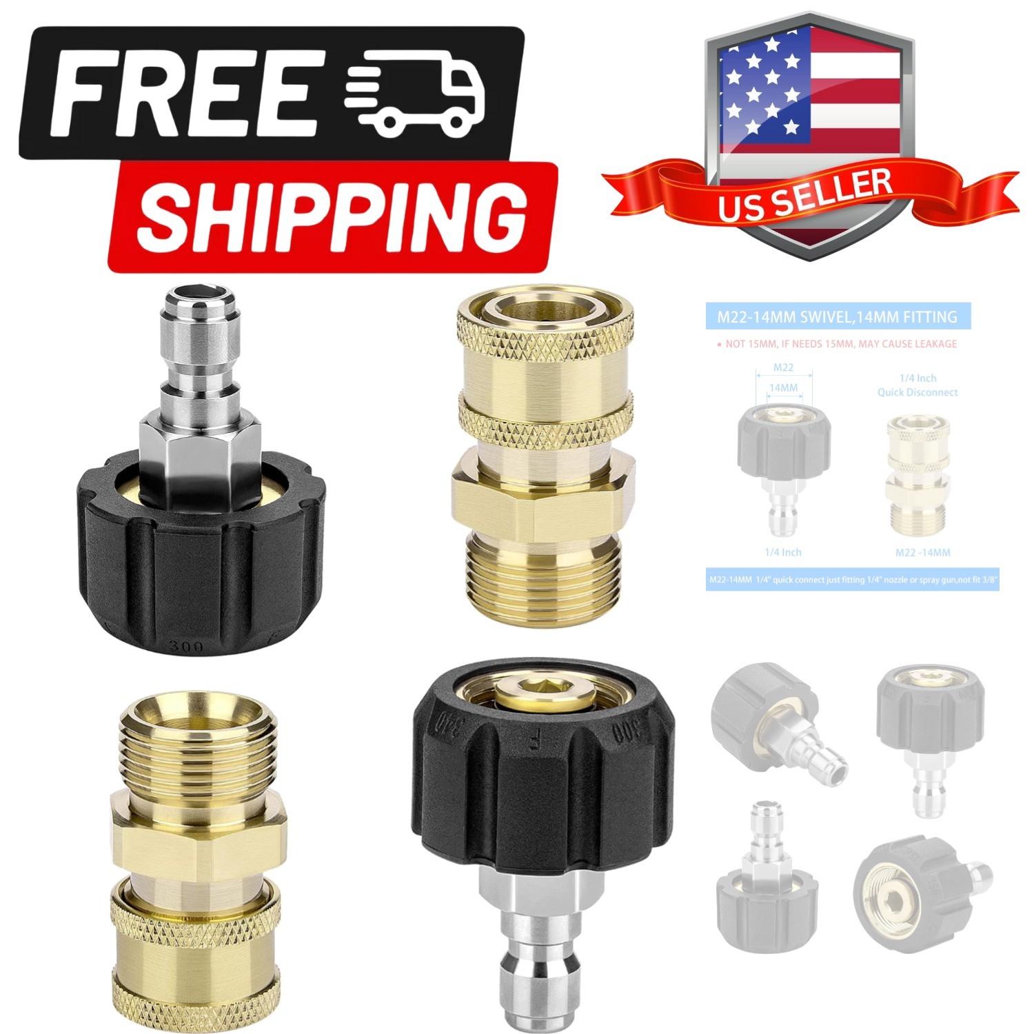 Pressure Washer Adapter Set, 2 Pair M22 M22-14MM 1/4” Quick Connect, Pressur…