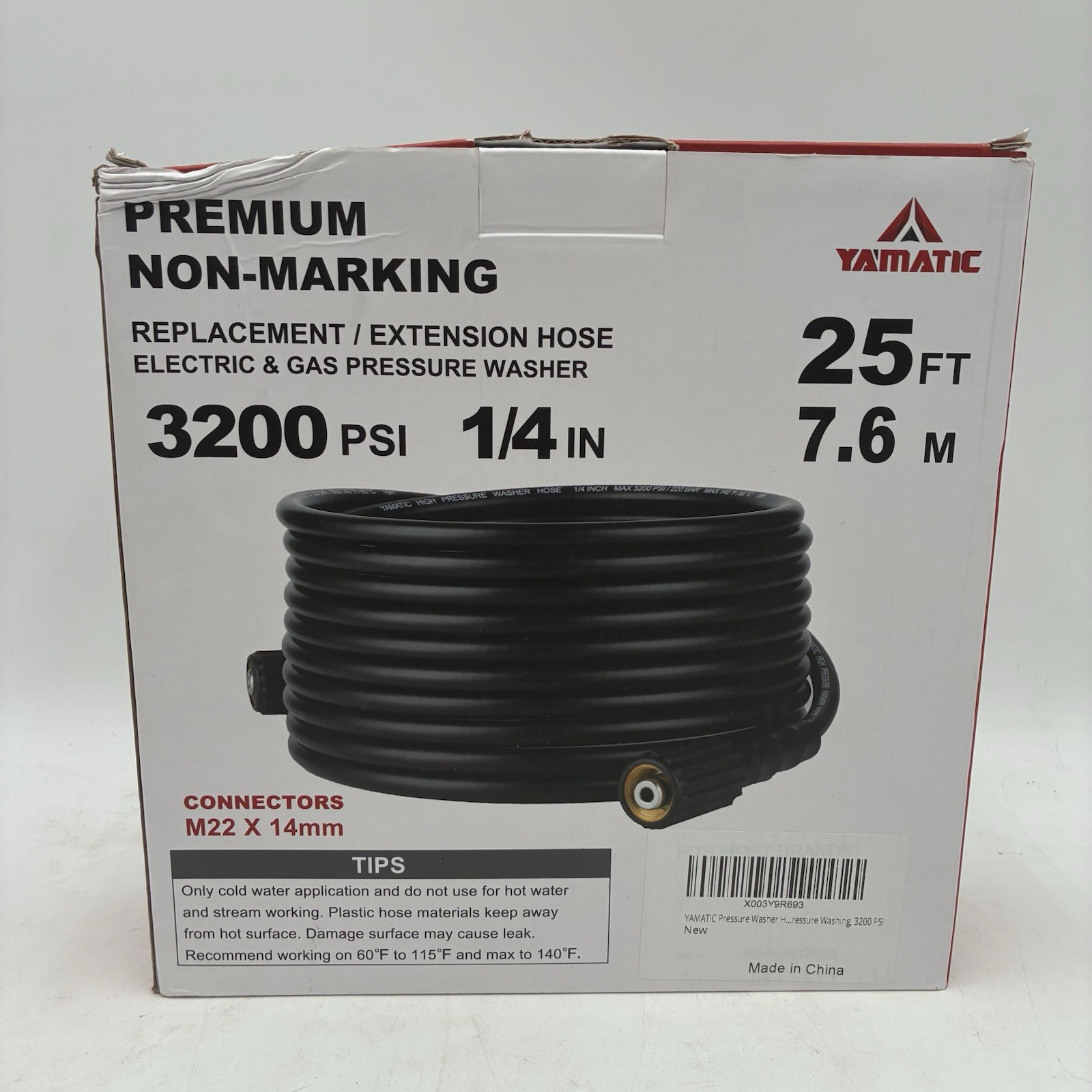 YAMATIC 3200 PSI Pressure Washer Hose 1/4″ Kink Free M22 14mm Brass 50 FT