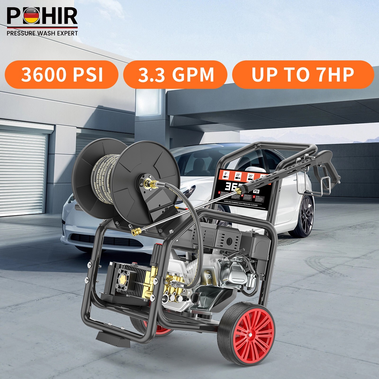 POHIR Gas Pressure Washer w/ Electric Start 50FT Hose 3600 PSI 3.3 GPM 5 Nozzles