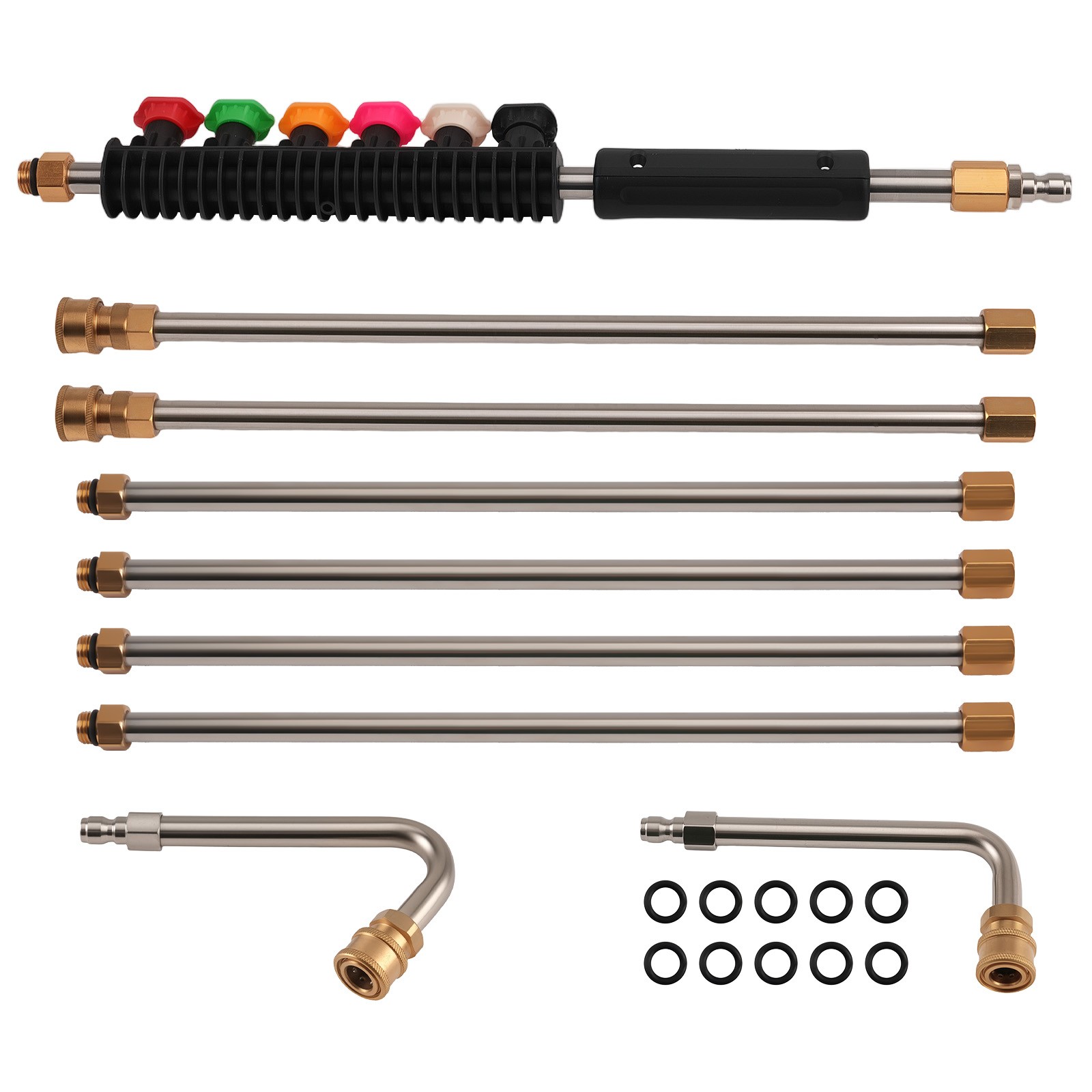 4000PSI Extension Wand 97″ 6 Nozzle Tips Stainless Steel 30° 90° Curved Rod