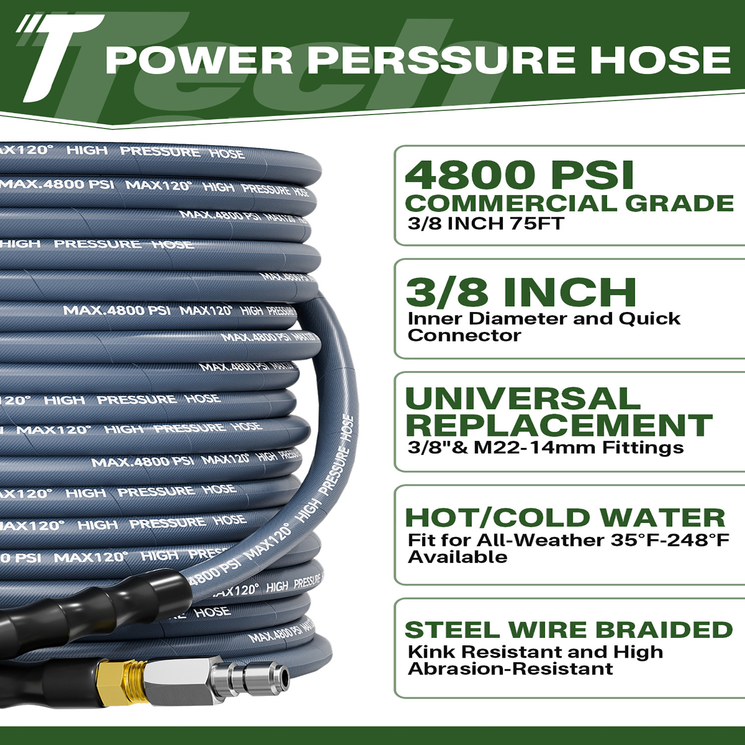 75FT 4800PSI 3/8″ Pressure Washer Hose Kink Resistant Power Hose Quick Connect