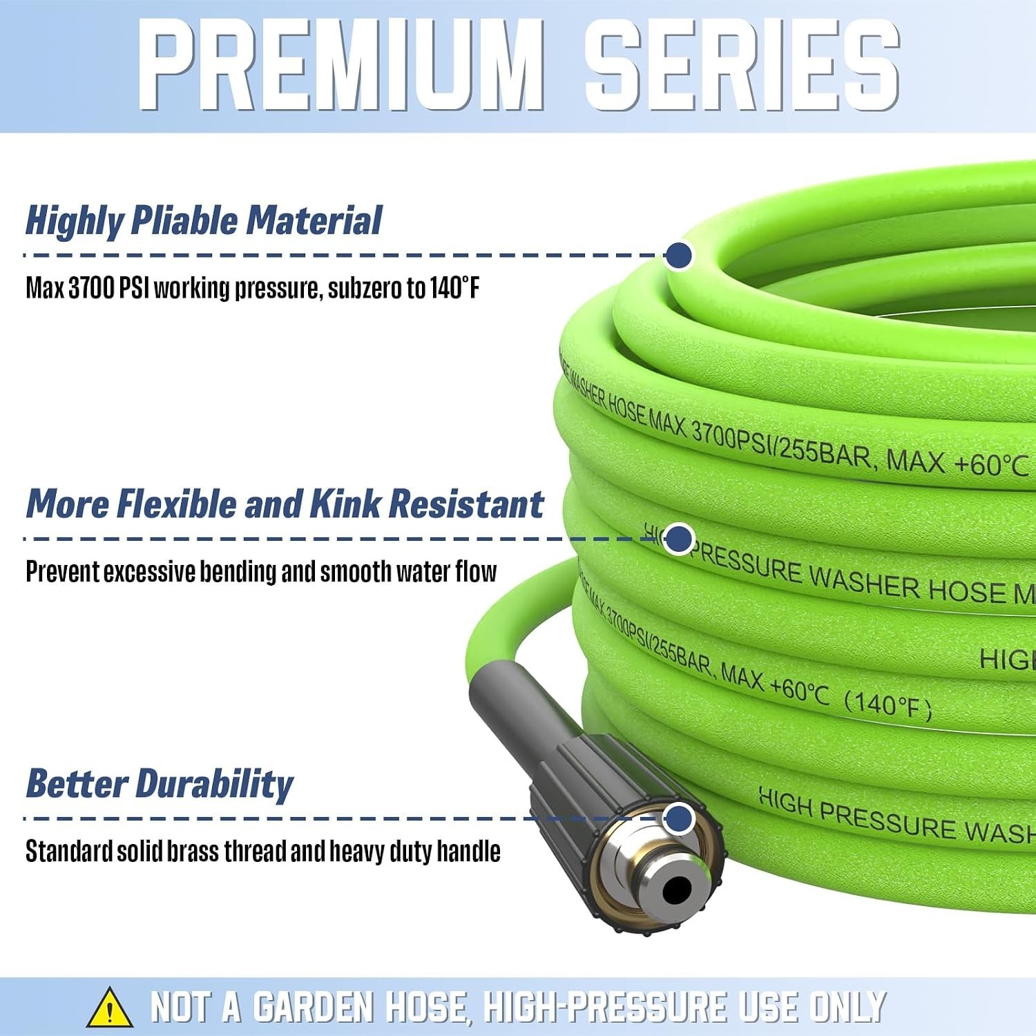 Super Flexible 25 FT Pressure Washer Hose, 3700 PSI with M22-14mm Brass Fittings