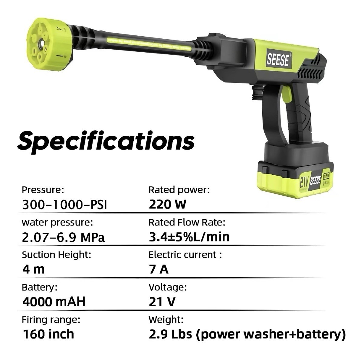 SEESE Cordless Pressure Washer 1000 PSI Portable Power Cleaner w/ Battery Kit