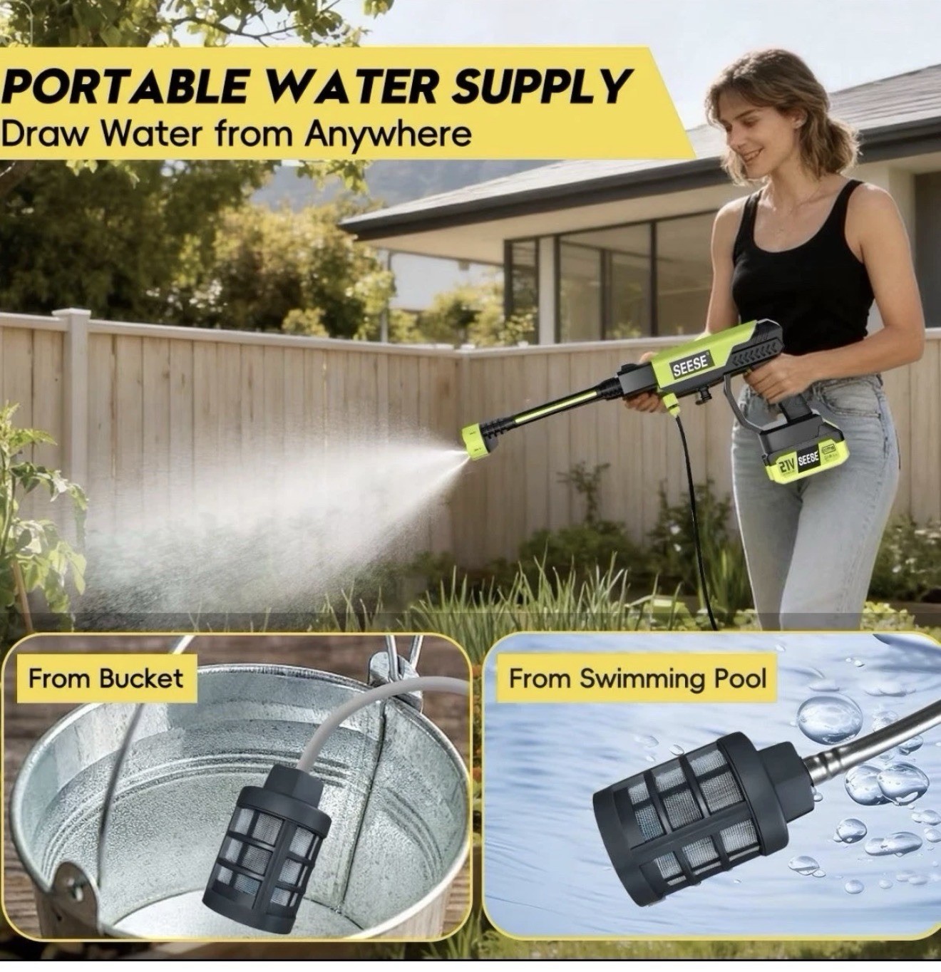 SEESE 1000 PSI Cordless Pressure Washer for Car & Garden with Charger Base