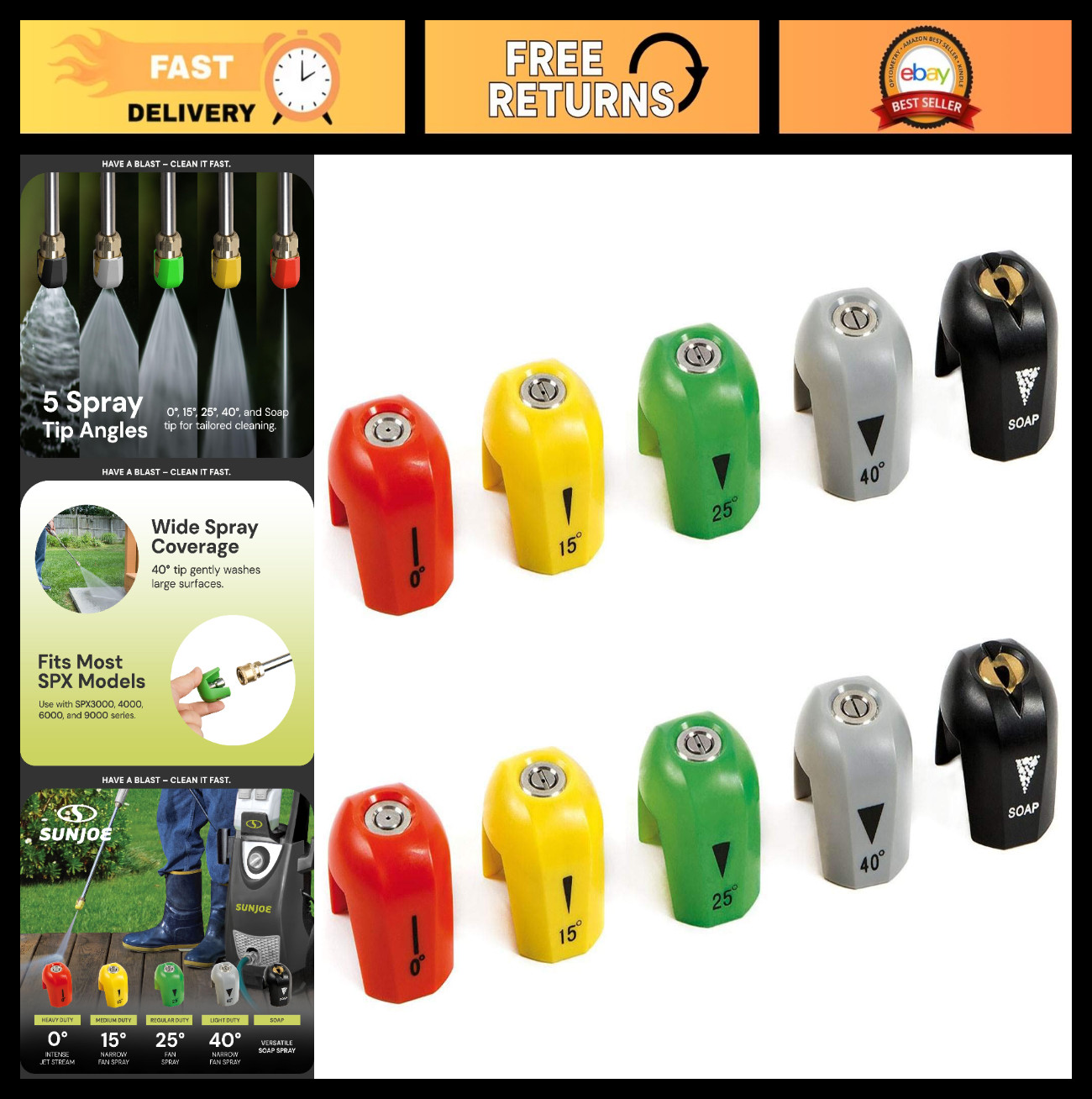 5-Pack Pressure Washer Nozzle Tips Set – 0, 15, 25, 40 Degree & Soap Attachments