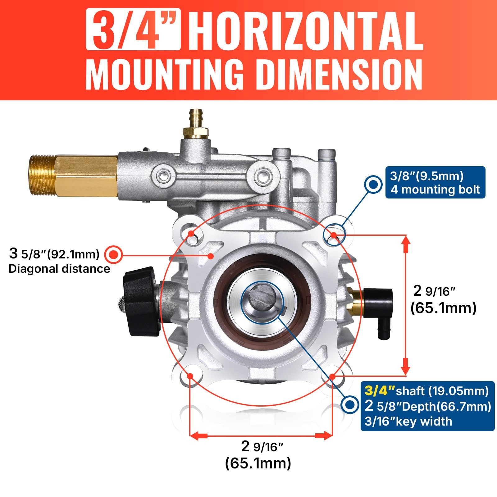 Horizontal 3/4″ Shaft Pressure Washer Pump 3400 PSI 2.5 GPM