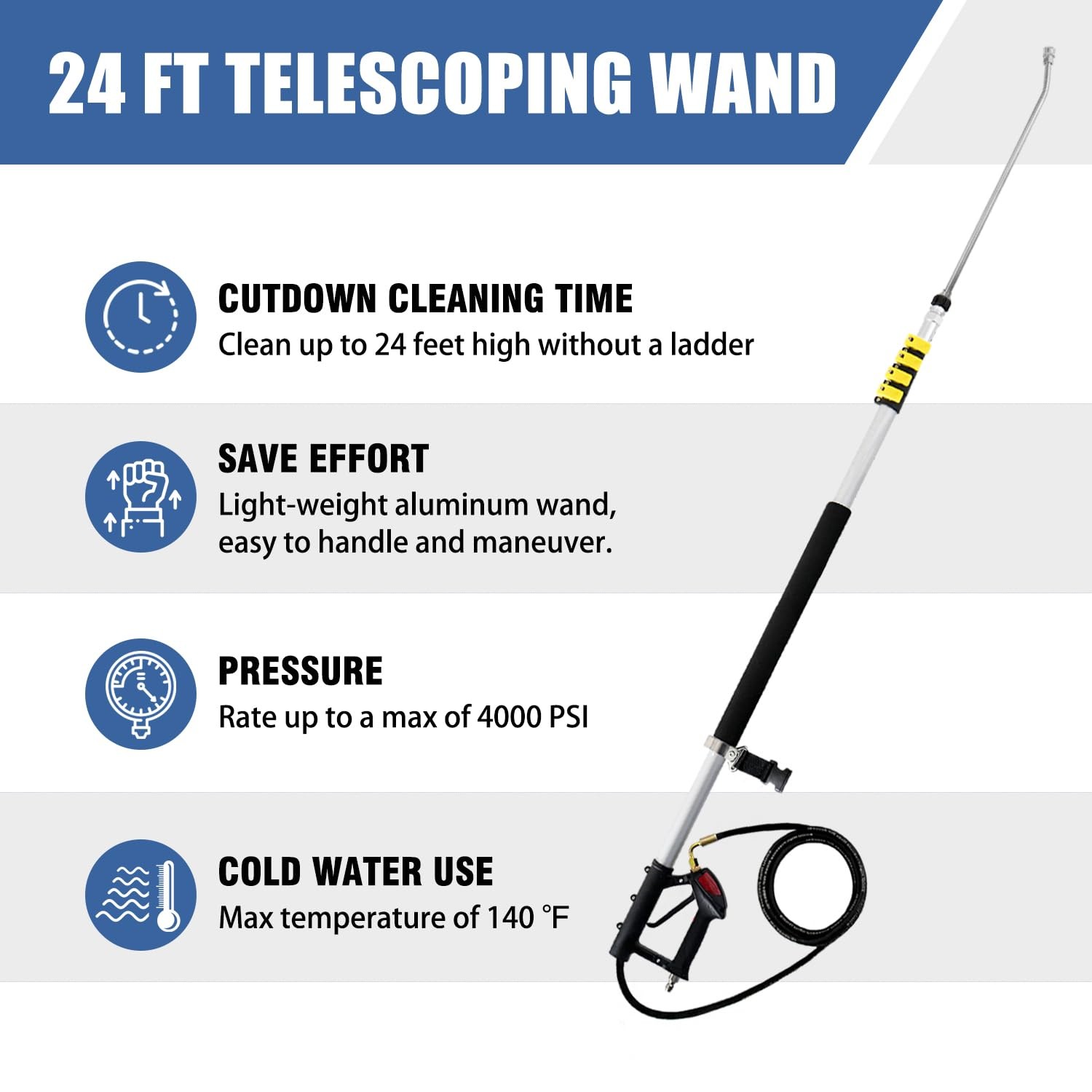 Aluminum 24 FT Telescoping Pressure Washer Wand with Pressure Washer Extensio…