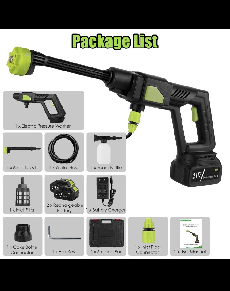 Cordless Pressure Washer Battery Powered; 990 Psi with 6-in-1 Nozzle, 23FT Hose.