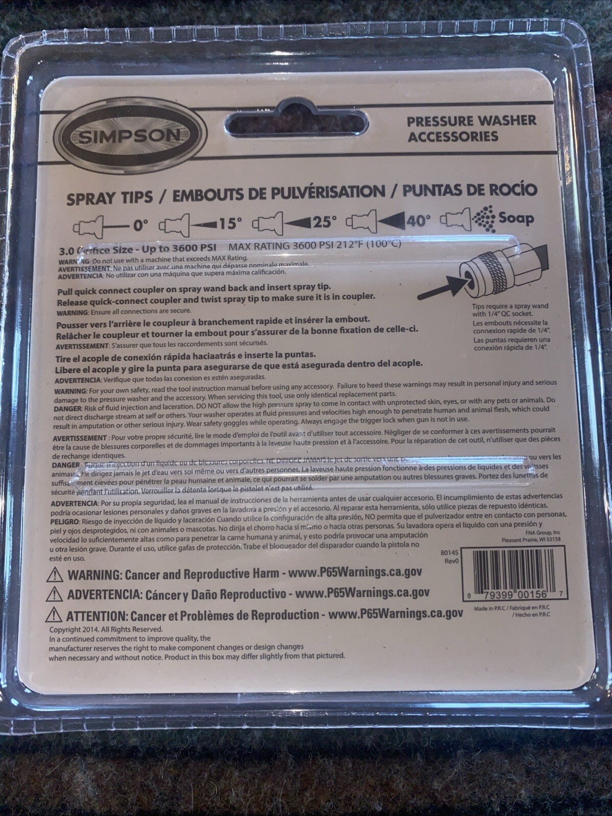 5 Pcs Simpson 80145 Spray Pressure Washer Tips 3600 PSI