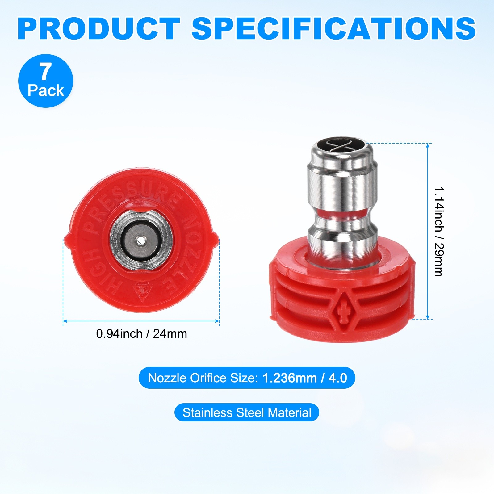 7-Pack 1/4″ Quick Connect, Orifice 4.0 Pressure Washer Tips [Red]