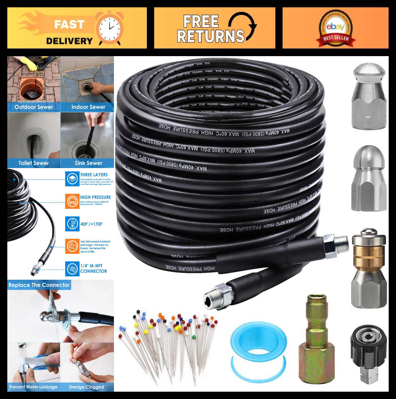 High-Pressure Sewer Jetter Kit 50FT, 5800PSI, 1/4″ NPT, Plastic Hose, Drain Clea