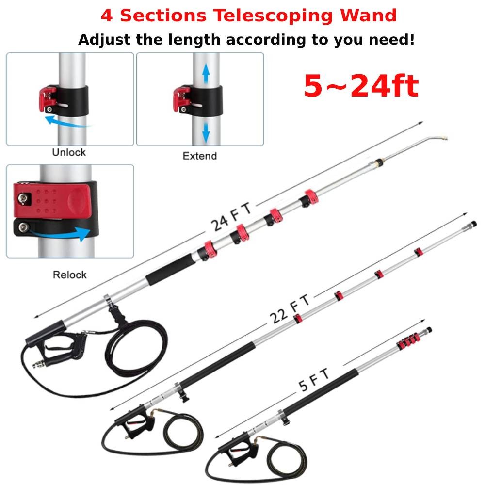 24FT Telescoping Pressure Washer 4000PSI with 5 Spray Nozzle for Roof Washing