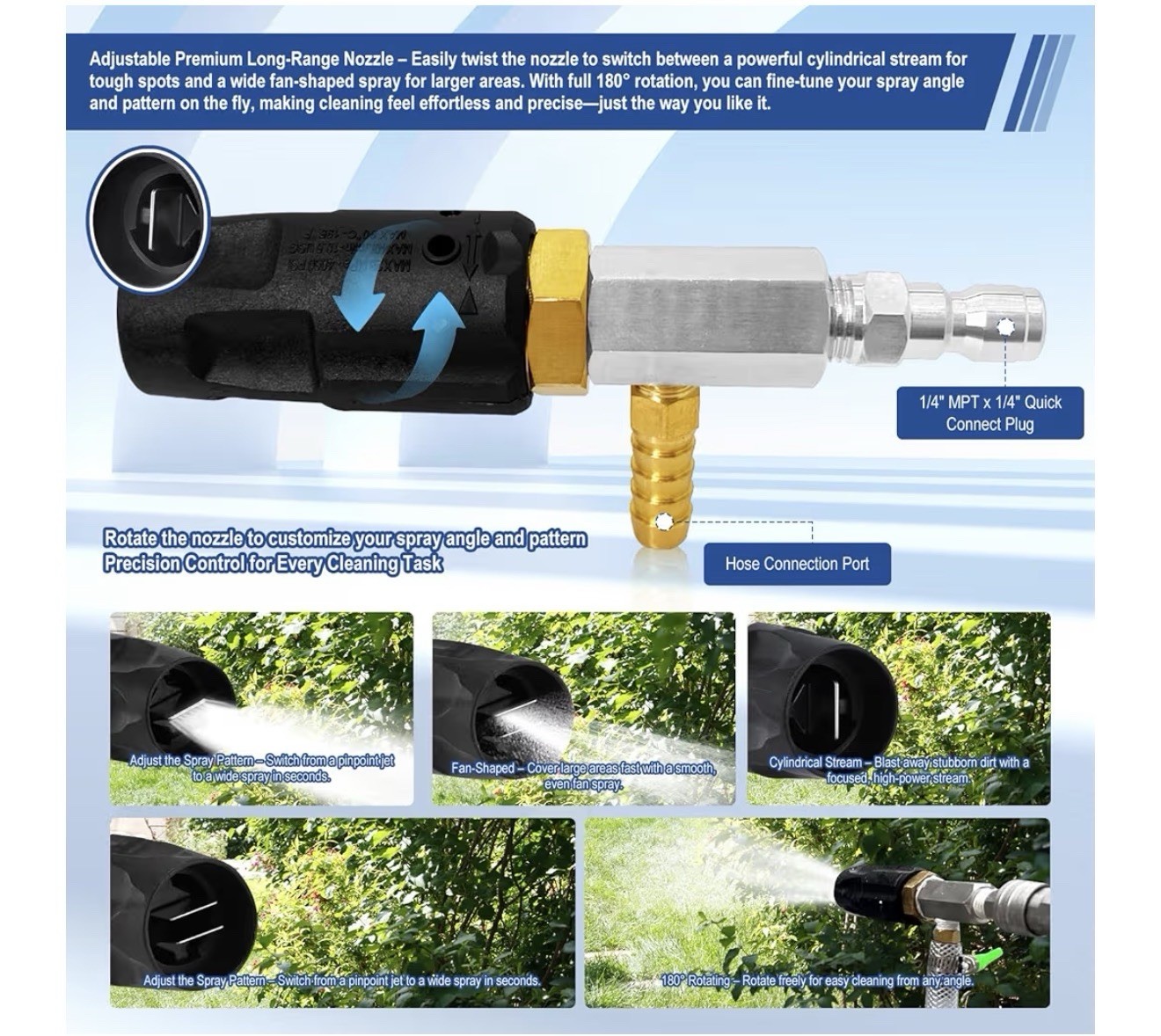 Adjustable Long Range Pressure Washer Nozzle Kit, 4-4.5 GPM, 15FT Hose, Chemical