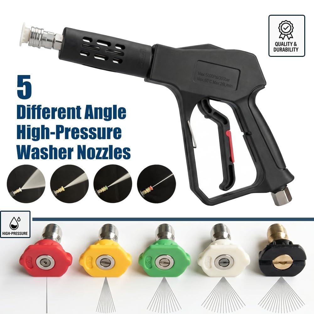 Swivel Pressure Washer Gun 5000PSI Short Wand with 5 Nozzles & Adapters for Car