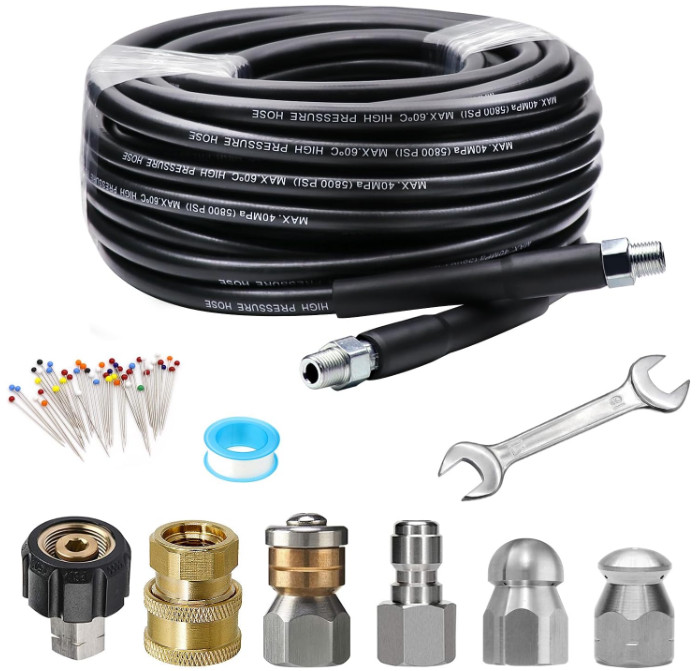 25FT 5800 PSI Pressure Washer Hose Jetter Nozzles Kit 1/4”NPT Sewer Drain R…