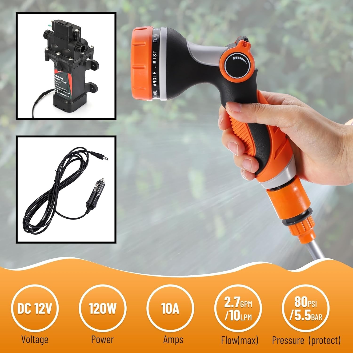 Portable Intelligent 12 volt Electric Pressure Washer Pump 120W 80PSI washing ki