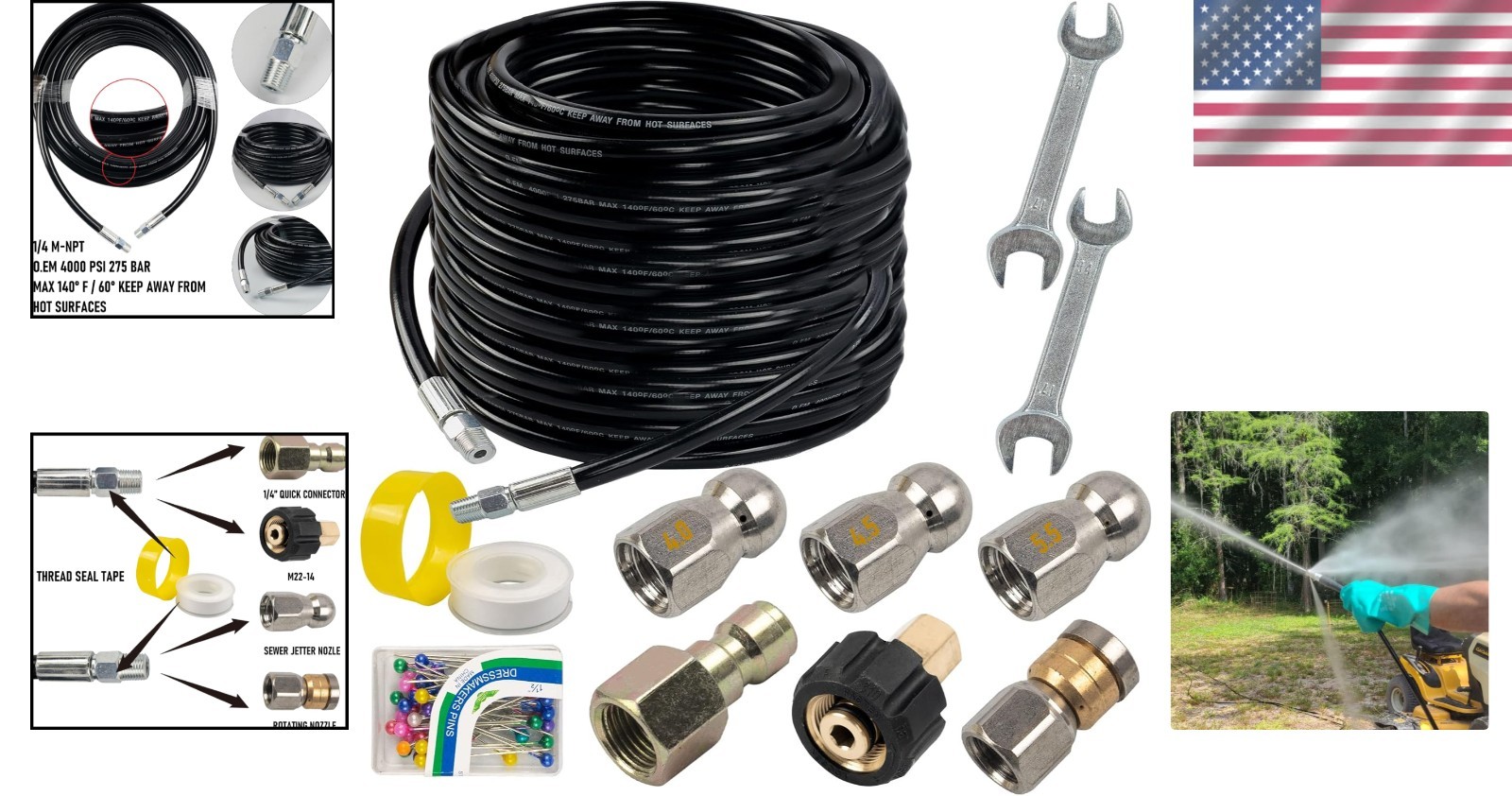 100FT Sewer Jetter Kit for Pressure Washer – 4000 PSI with Nozzles & Accessories