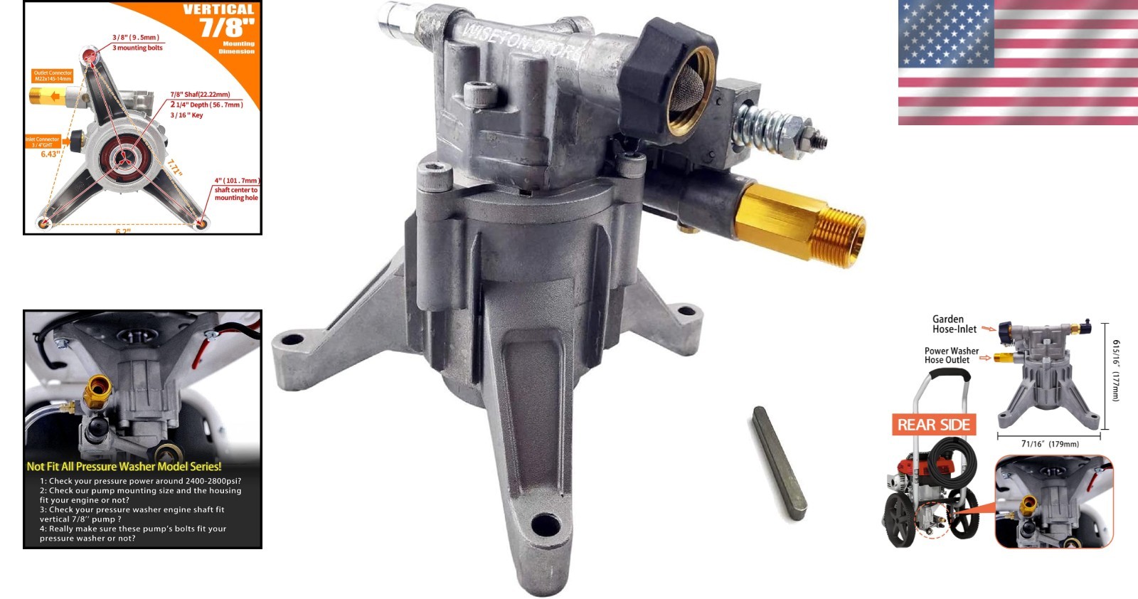 Pressure Washer Pump Replacement 7/8” Shaft 2800 PSI Gas Engine Compatible