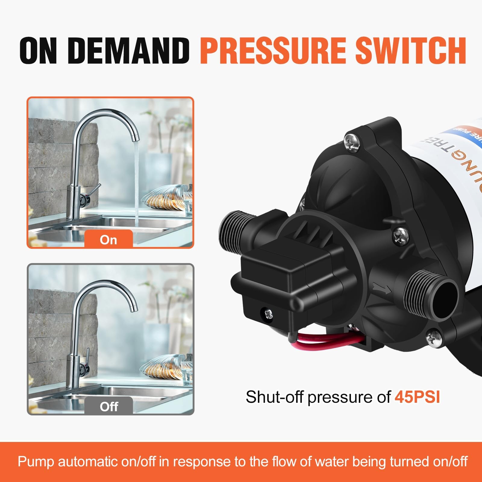 YOUNGTREE 12V DC RV Water Diaphragm Pump 3.5 GPM 45PSI, 12Volt Self-Priming F…