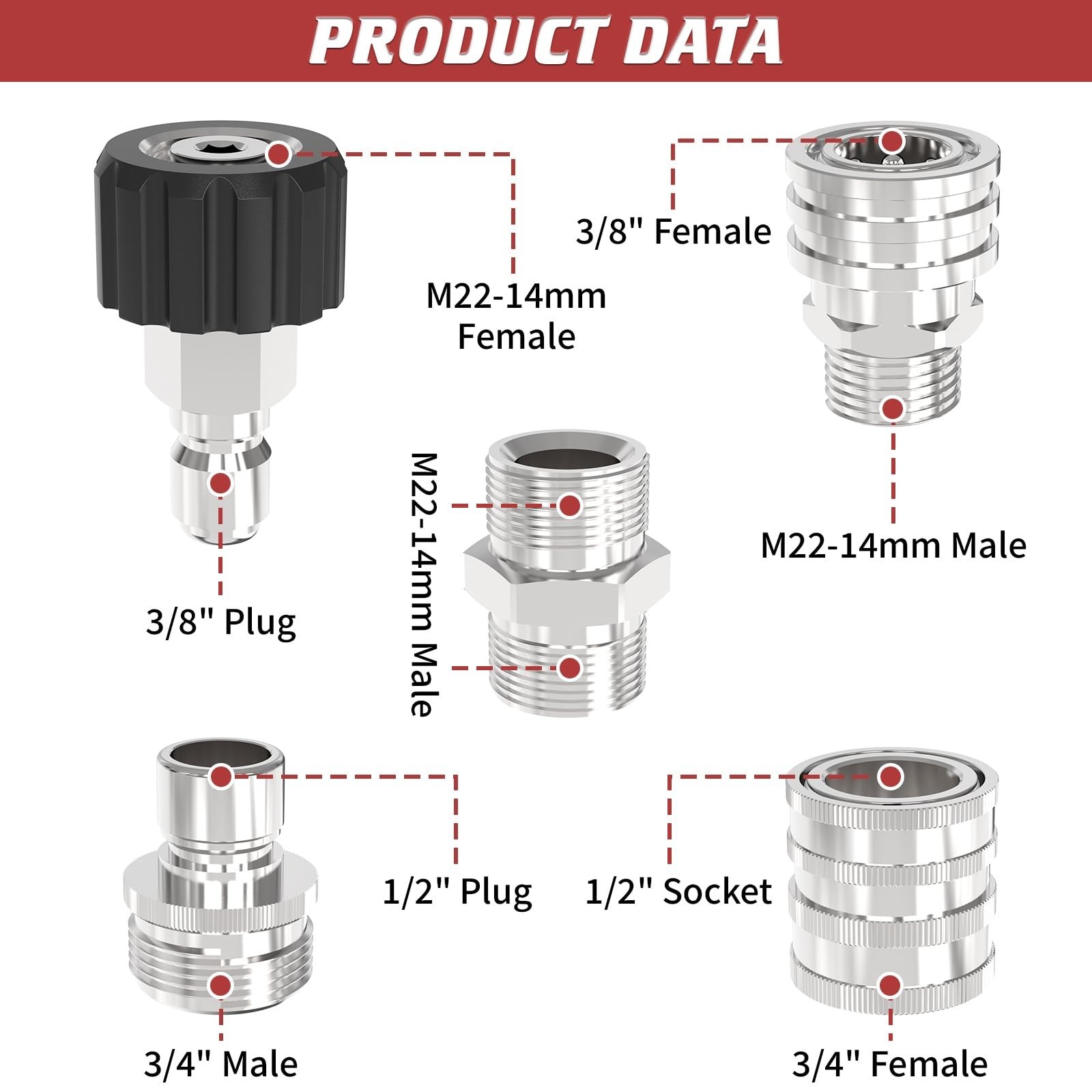 3/8″ Pressure Washer Quick Connect Kit, M22 Swivel Fitting & Adapter Set, 9 Pcs