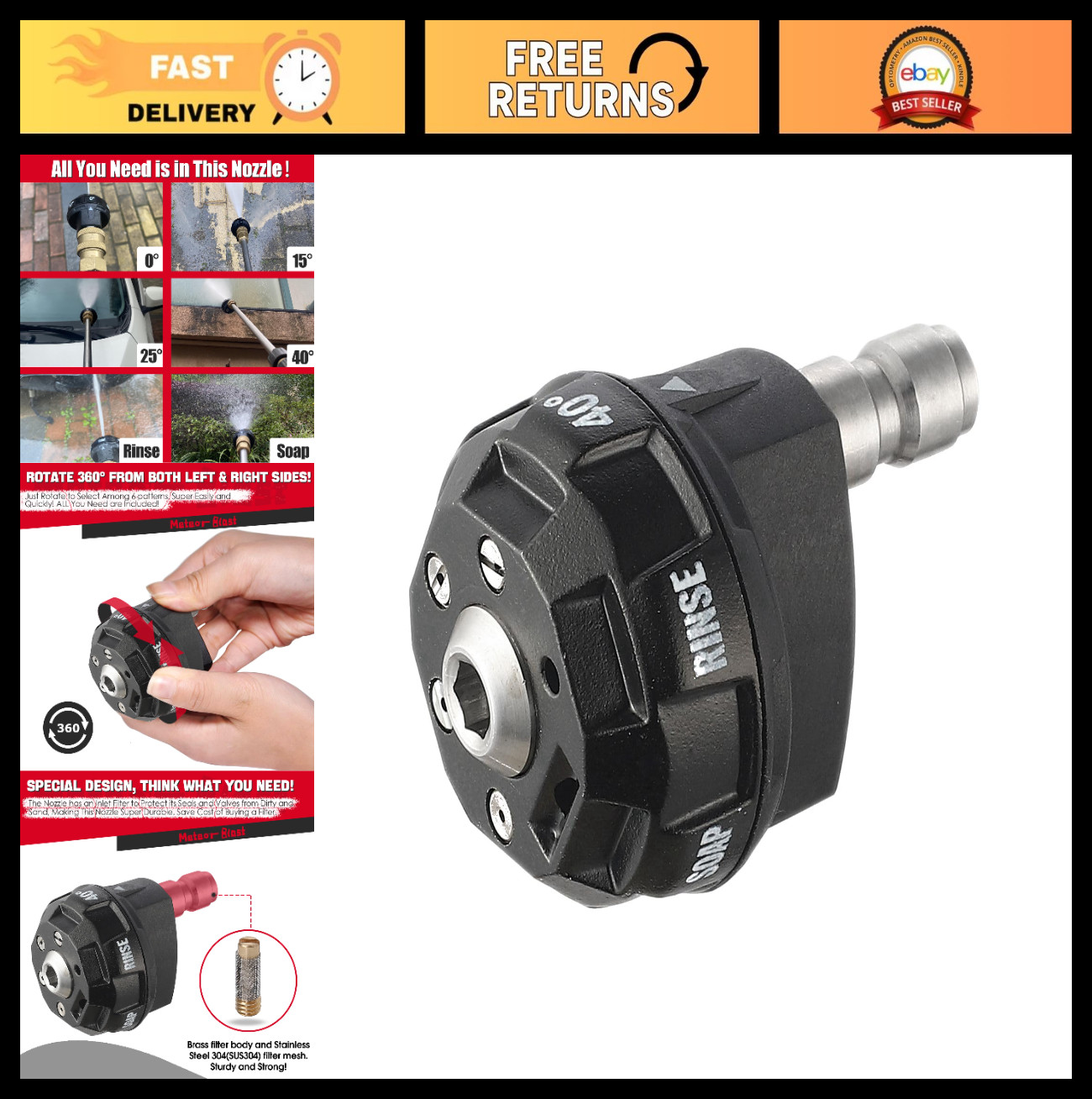 6-in-1 Adjustable Pressure Washer Nozzle Tips, Quick Connect 1/4″ for 4500PSI