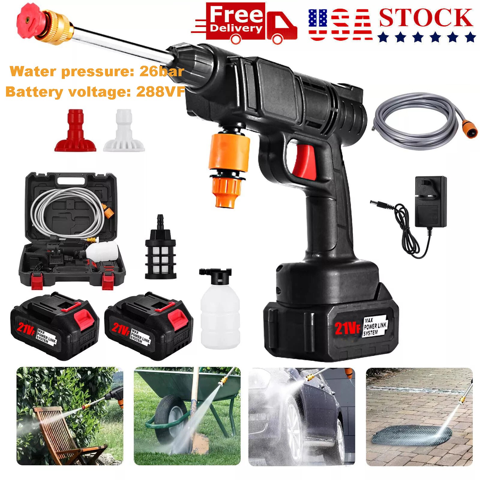 2 Battery Cordless Water Spray Gun Portable High Pressure Car Washer Cleaner 5M