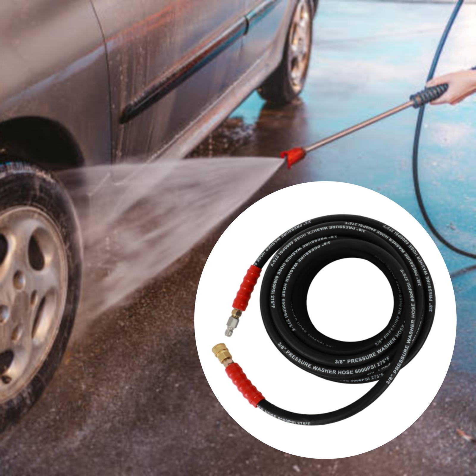 3/8″ x 50ft 6000psi 2-Braid R2 Black Hot Water Pressure Washer Hose