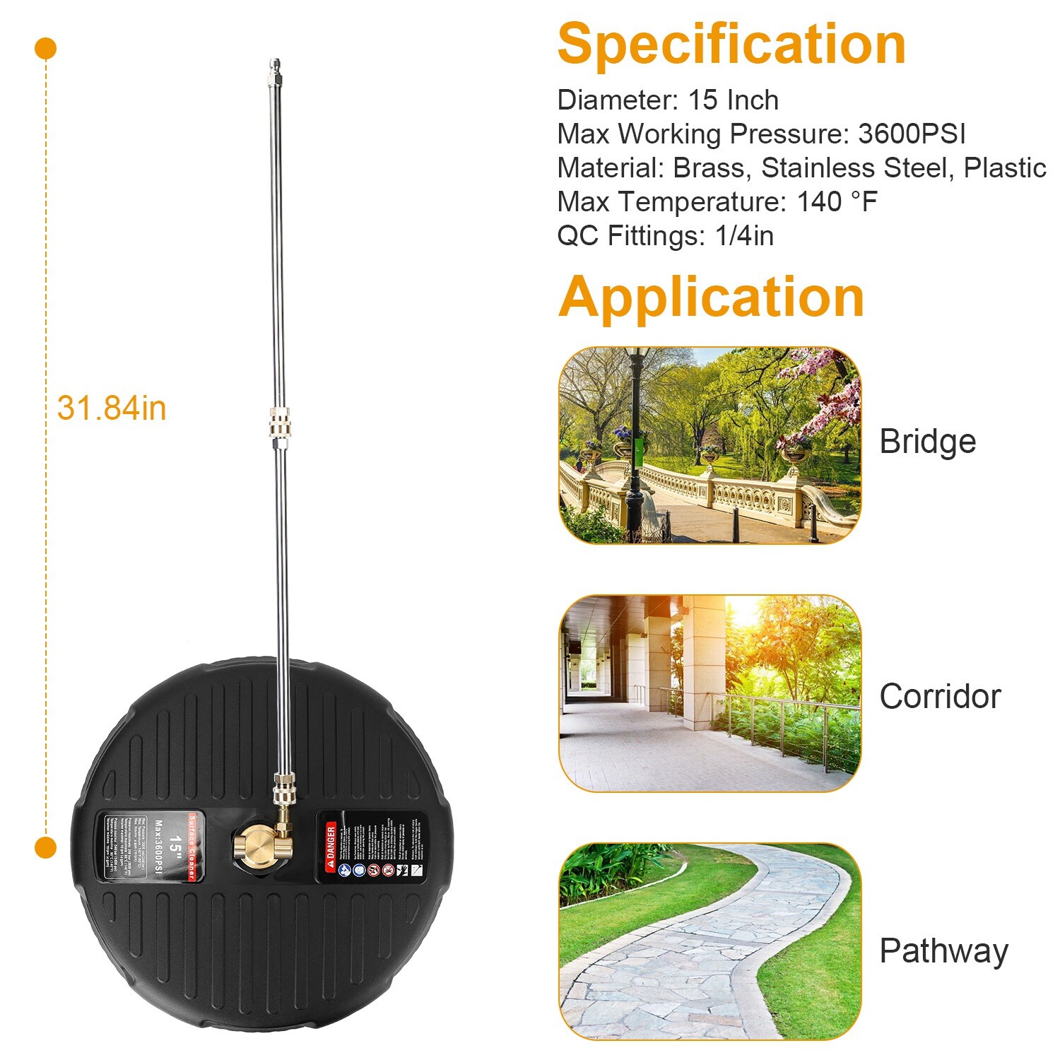 3600PSI High Pressure Flat Surface Cleaner Surface Washer with Extendable Handle