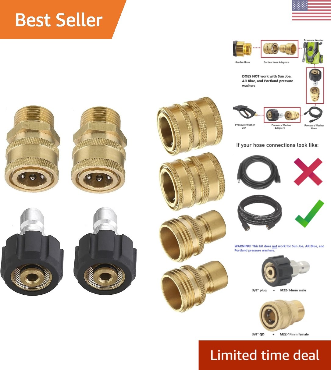M22-14mm Quick Disconnect Adapter – Durable Brass & Stainless Steel for 5000 PSI