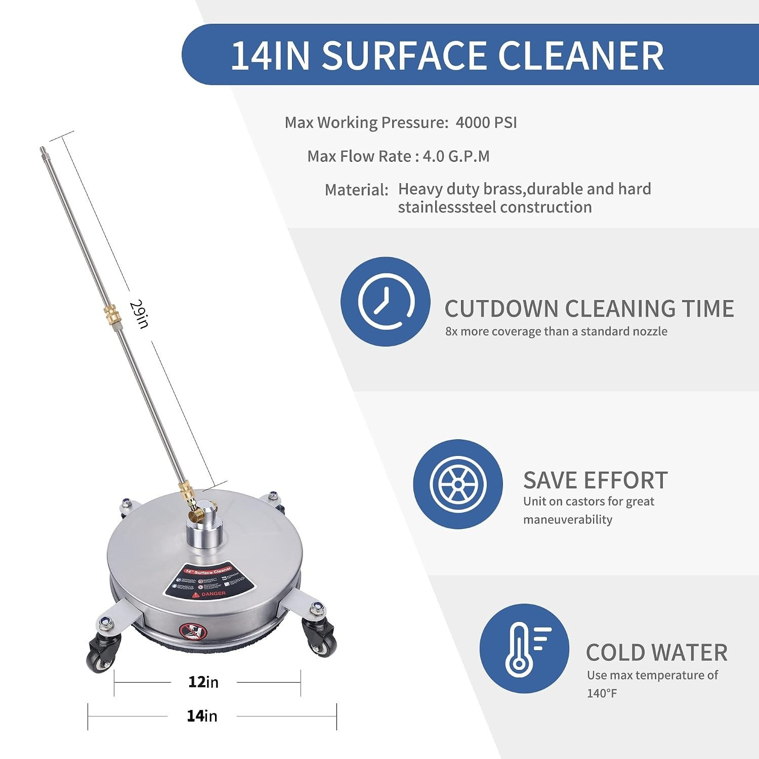 14″ Stainless Steel Power Washer Surface Cleaner with 4 Wheels for Pressure