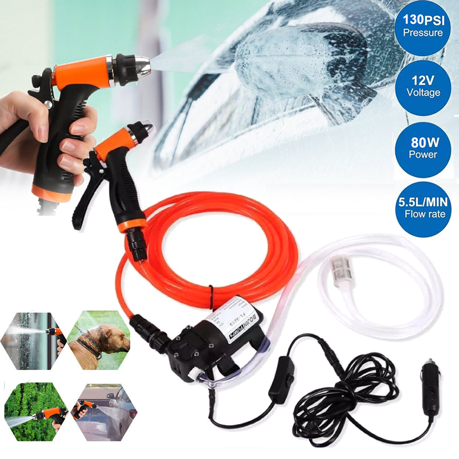 130PSI Washdown Wash Pump Kit 12V Electric DIY Car Washer Cleaner Sprayer Tool