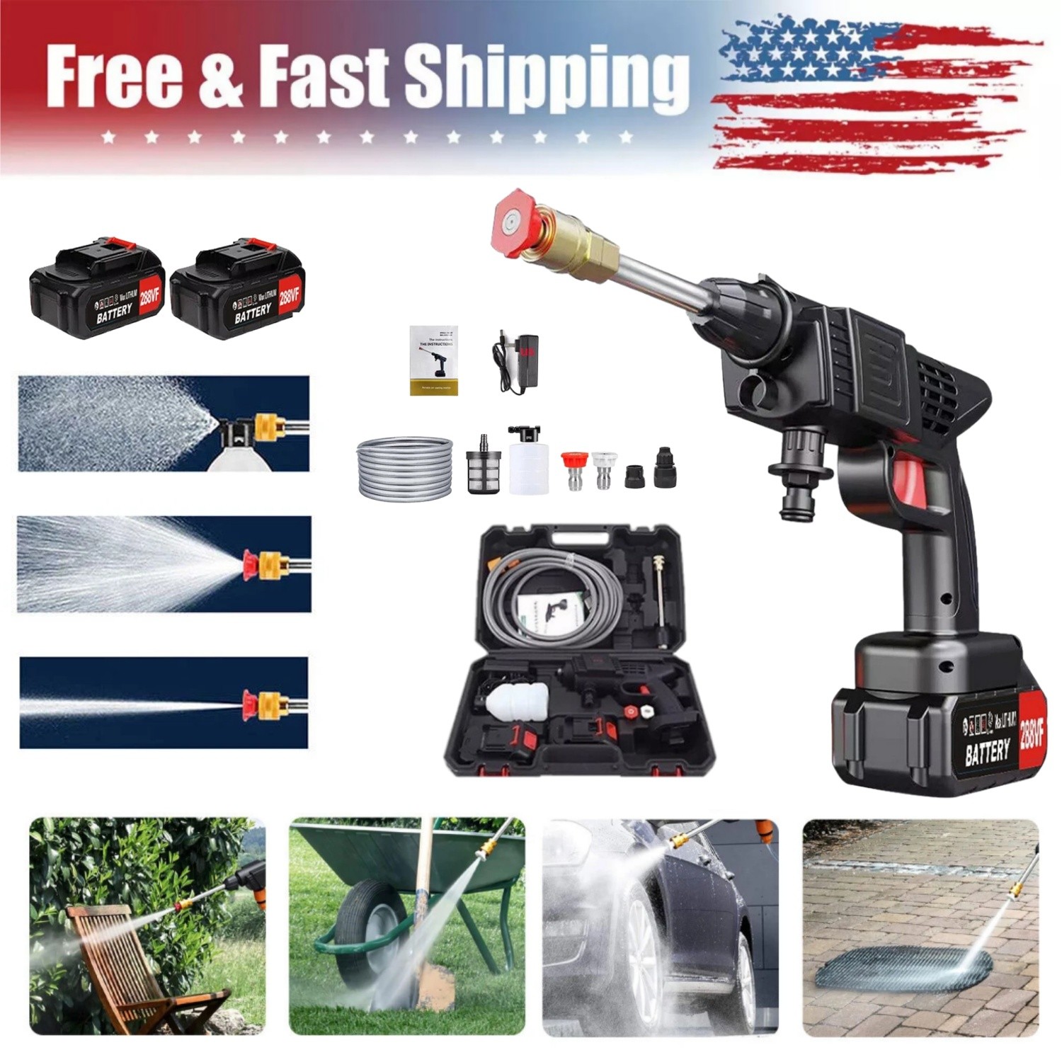 Portable Cordless Electric High Pressure Water Spray Gun Car Washer Yard Cleaner