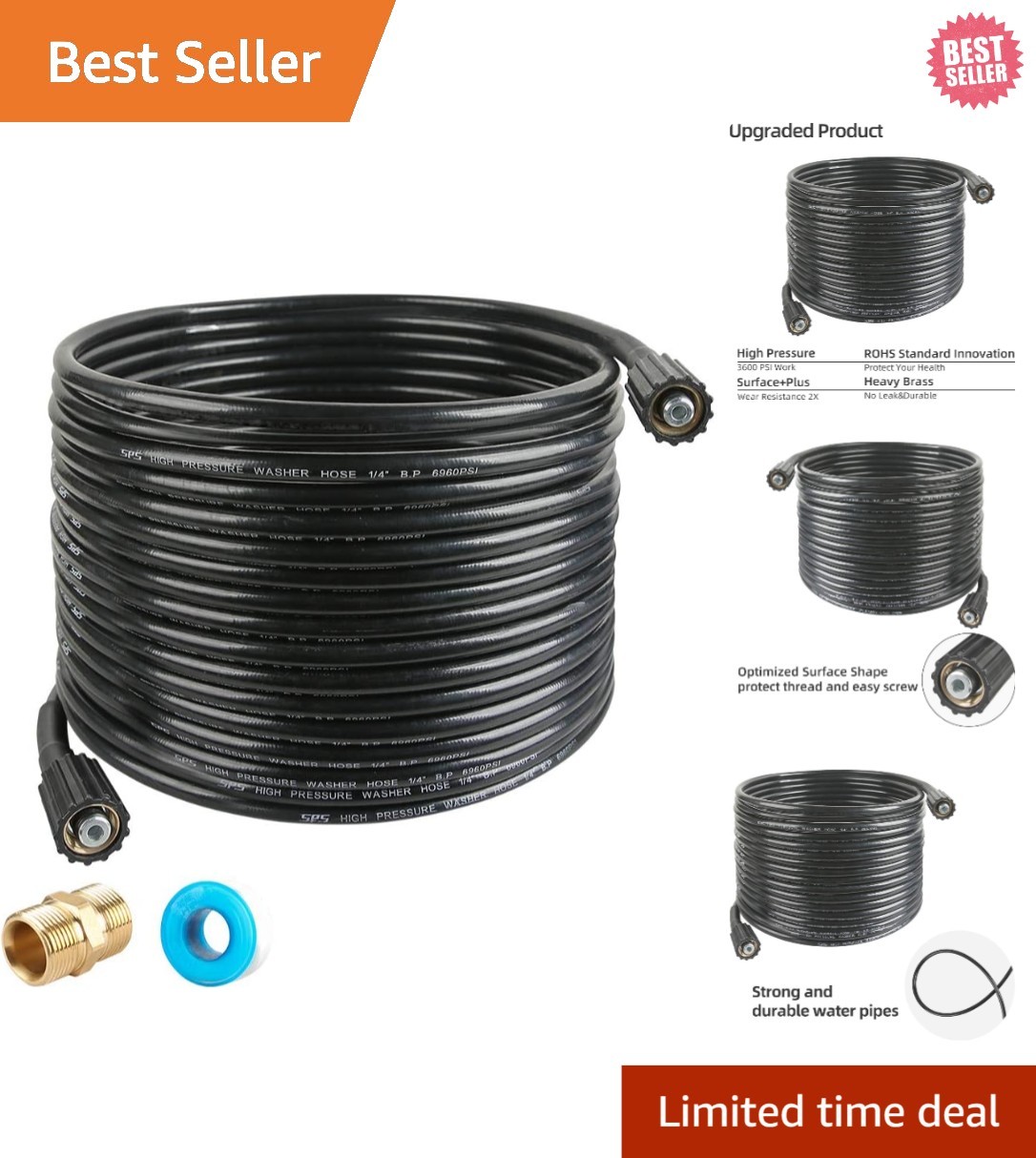 Weather-Resistant 50 FT Pressure Washer Hose – M22 Brass Thread, Easy Attachment