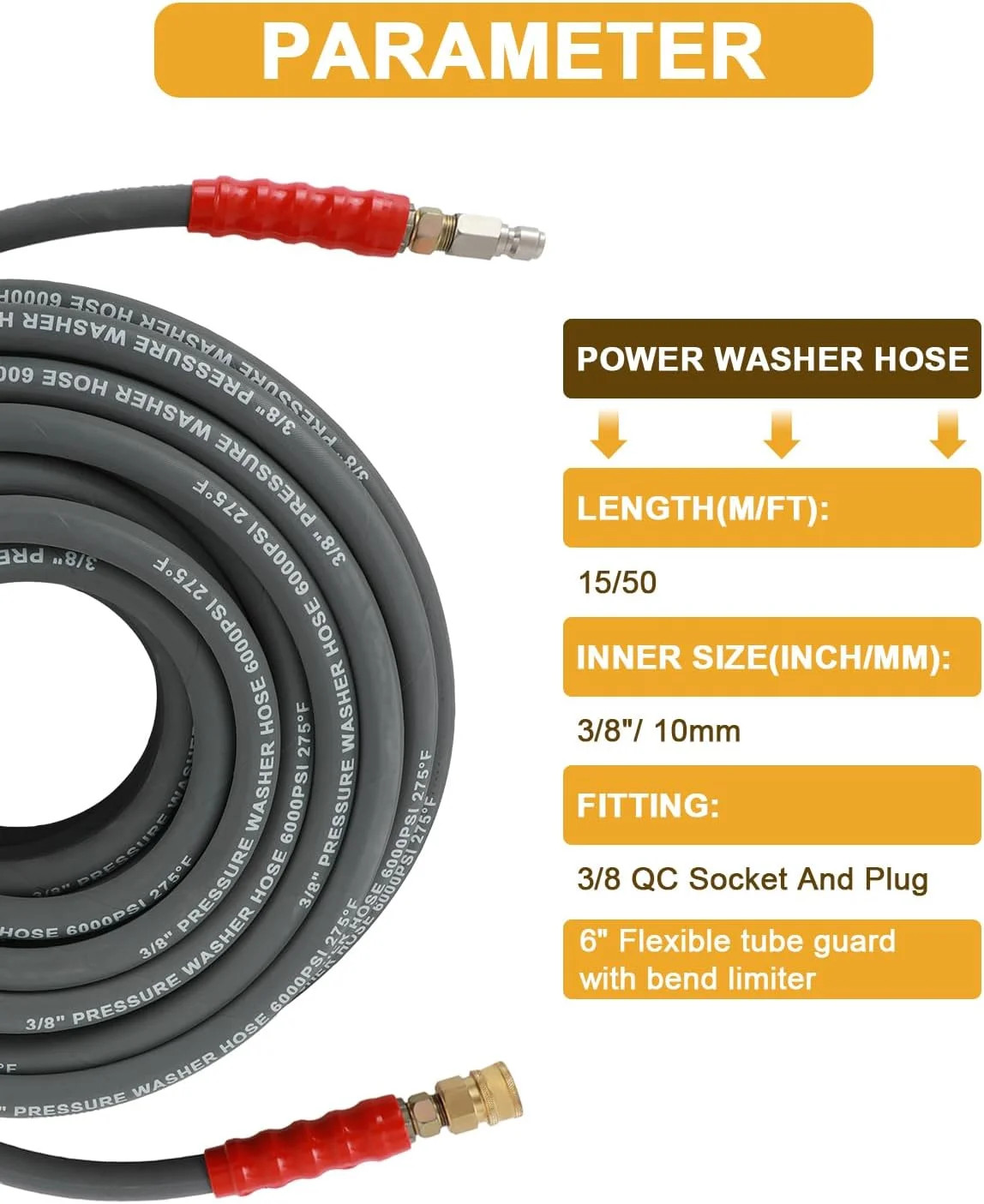 OCPTY Hot Water Pressure Washer Hose 3/8″ x 100ft 6000 psi Non-Marking 2-Braid R