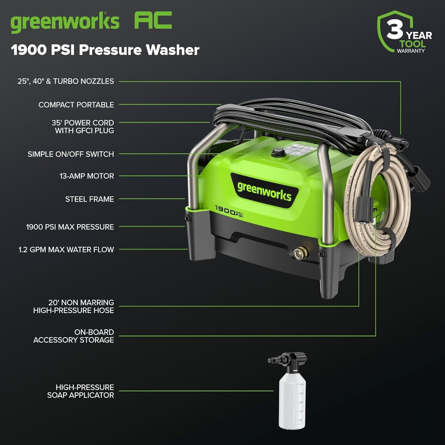 Compact 13Amp Portable Electric Pressure Washer with 20ft Hose – Versatile Use